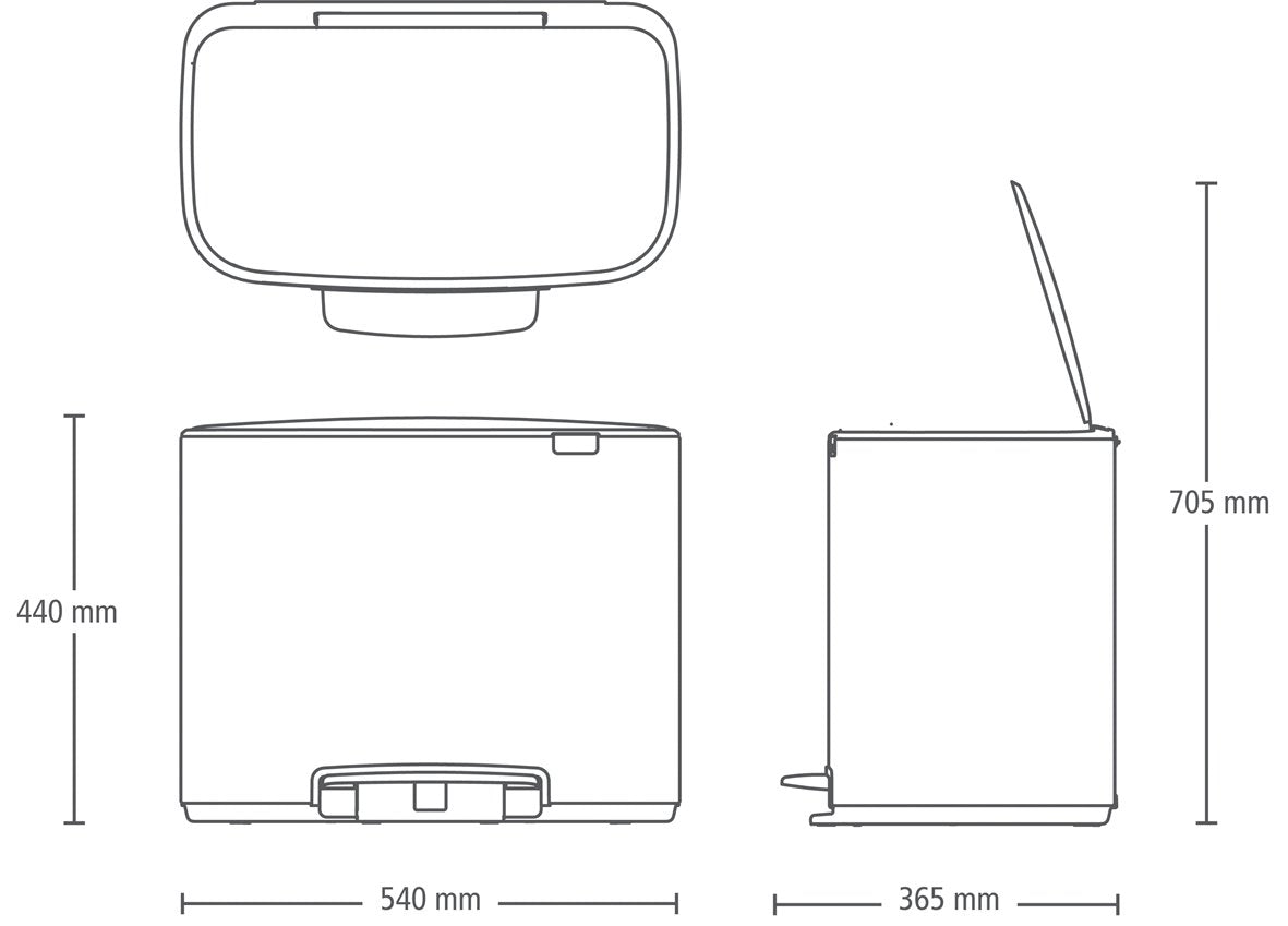 Brabantia Bo Pedal Bin Cubo de basura 3 x 11 litros, Acero Inoxidable, Blanco, 54x36,4x44 cm