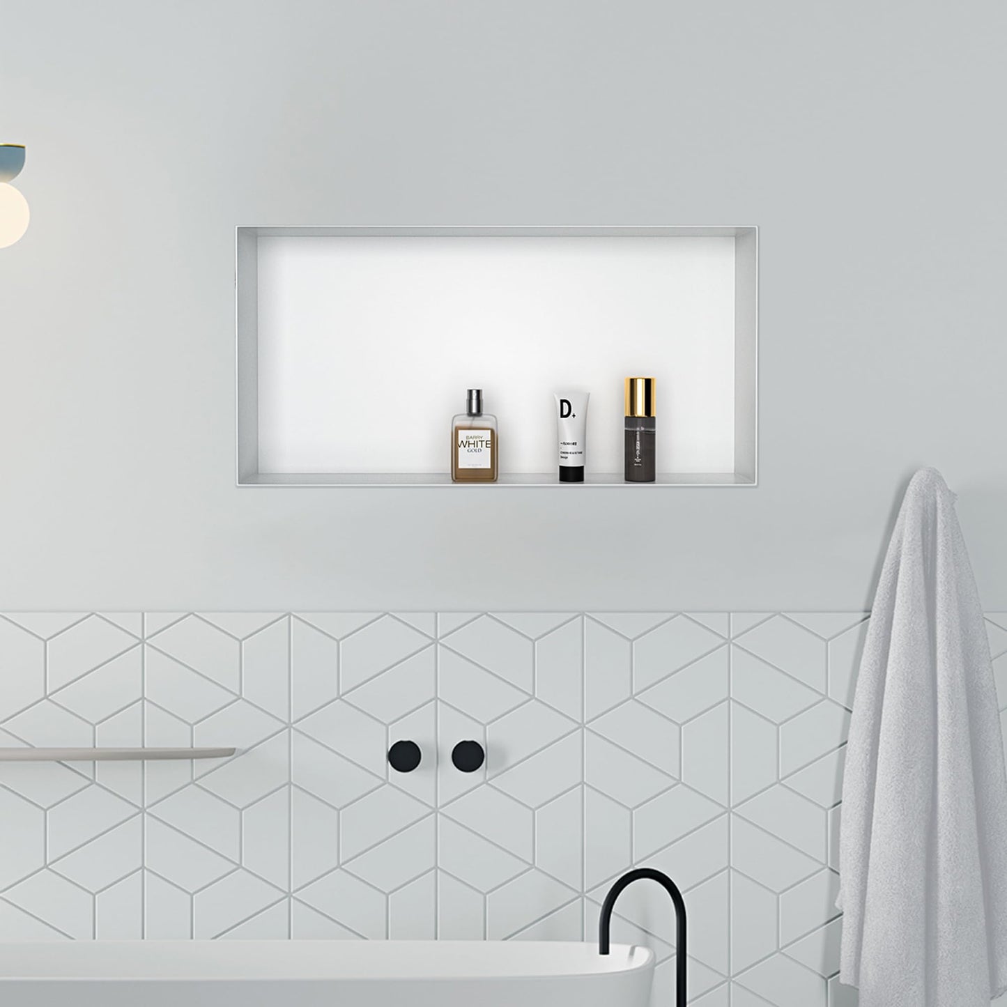 Bernkot Nicho de ducha de acero inoxidable blanco 60 cm × 30 cm × 10 cm No requiere azulejos ducha nicho para almacenamiento de baño nicho de ducha empotrada sin bordes, montaje al ras