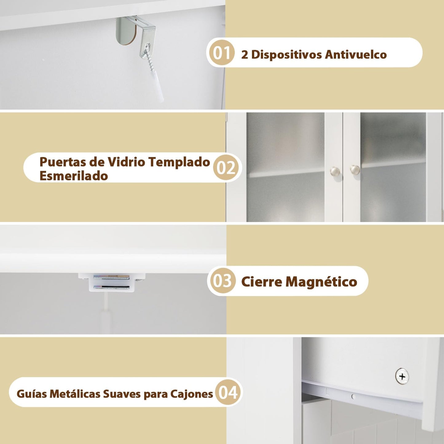 COSTWAY Mueble Baño de Suelo, Armario Baño con 2 Cajones y 2 Puertas de Cristal Esmerilado, Estante Ajustable de 3 Niveles, Armario de Almacenaje para Cocina Salon Comedor, 60 x 30 x 108 cm