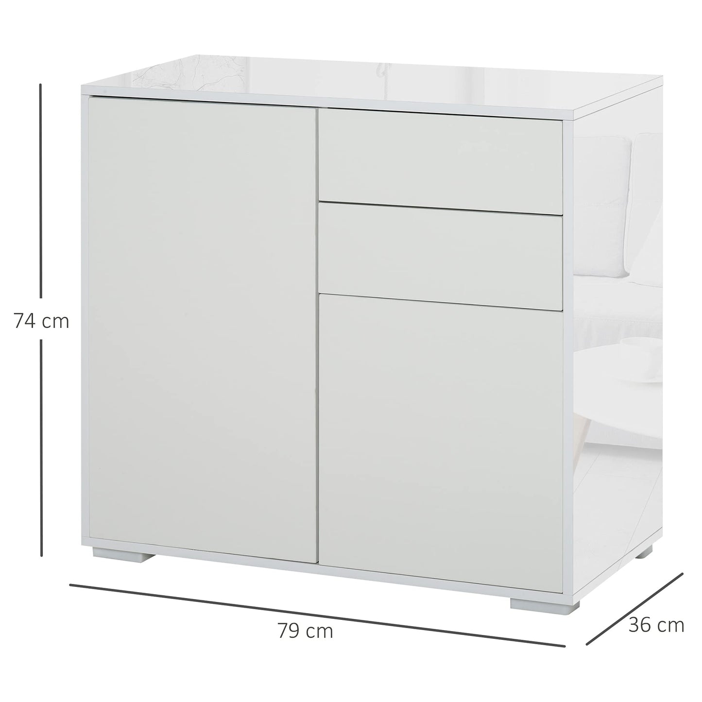HOMCOM Aparador para Cocina con 2 Puertas 2 Cajones Marco de Blanco Brillante Estante Ajustable Apertura a Presión Armario de Almacenamiento para Dormitorio Salón 79x36x74 cm Blanco