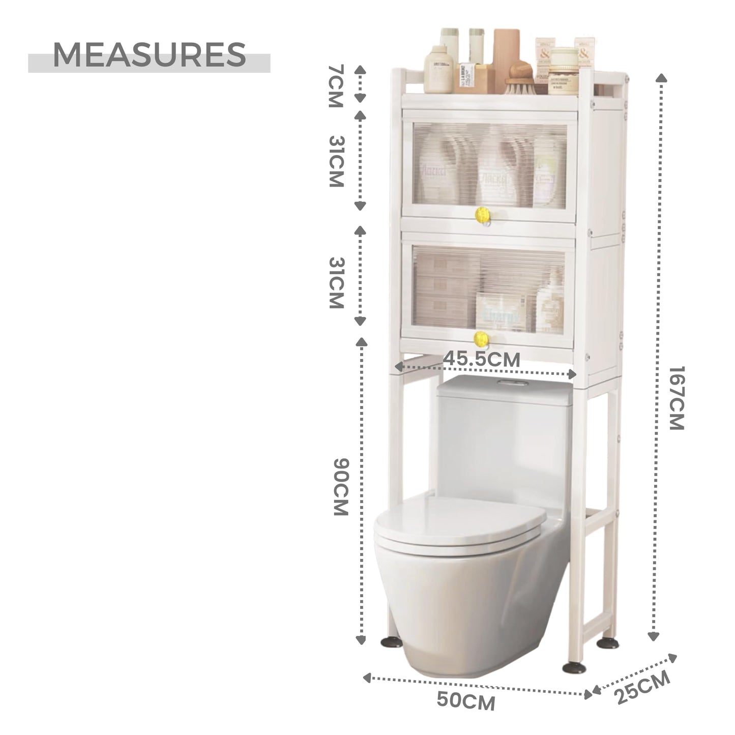MAGIC SELECT Estantería sobre Inodoro con Puertas Abatibles | Estante de WC Organizador Multiusos | Estantería de Almacenamiento de Baño | Ahorra Espacio con 3 Niveles | Patas Ajustables en Altura.