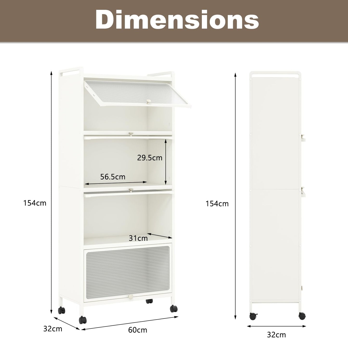 KOMFOTTEU Estantería de Cocina de 5 Niveles, Armario con 4 Ruedas y Puertas Transparentes, Mueble de Almacenamiento de Metal con Dispositivo Antivuelco para Comedor, 60 x 32 x 154 cm (Blanco)