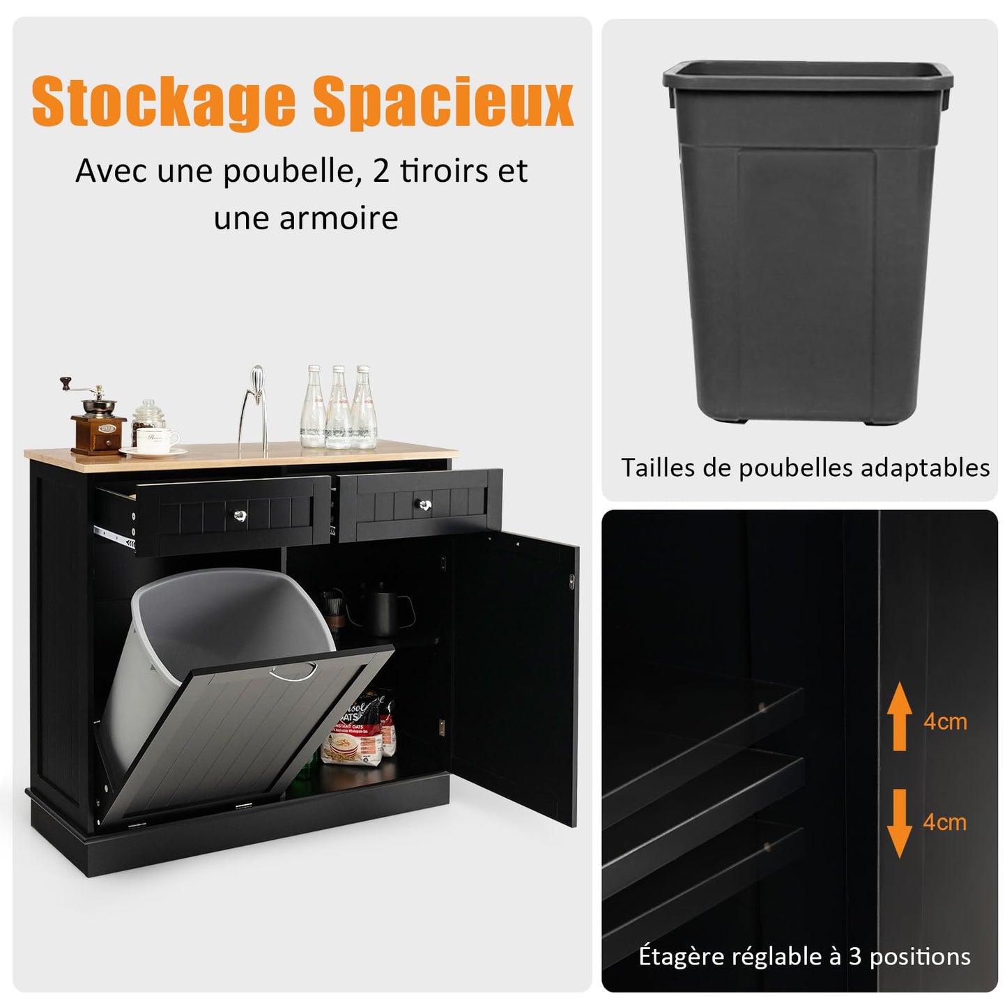 GOPLUS Aparador de cocina ideal para cubo de basura 42L, isla de cocina con 2 cajones, estante ajustable, bandeja de cauchú para comedor, sala de estar, lavandería, cuarto de baño, negro