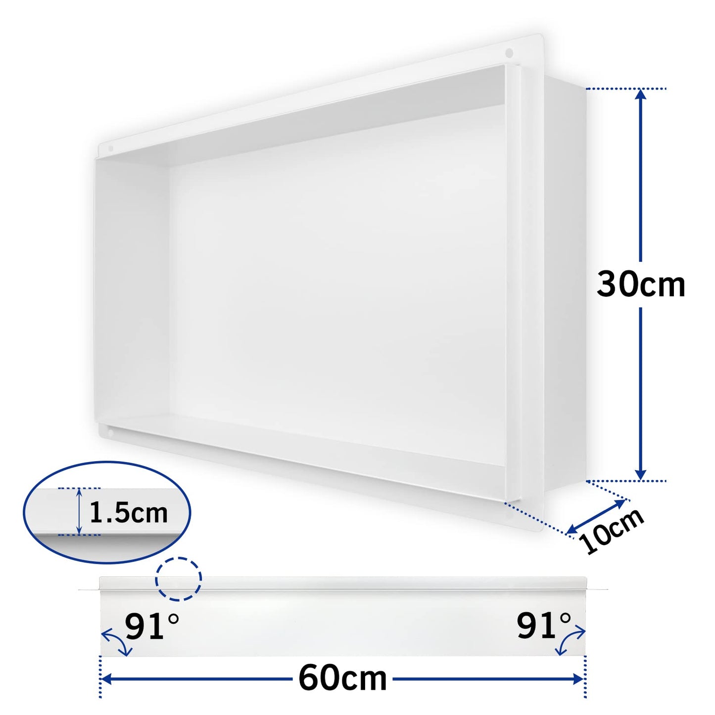 Bernkot Nicho de ducha de acero inoxidable blanco 60 cm × 30 cm × 10 cm No requiere azulejos ducha nicho para almacenamiento de baño nicho de ducha empotrada sin bordes, montaje al ras