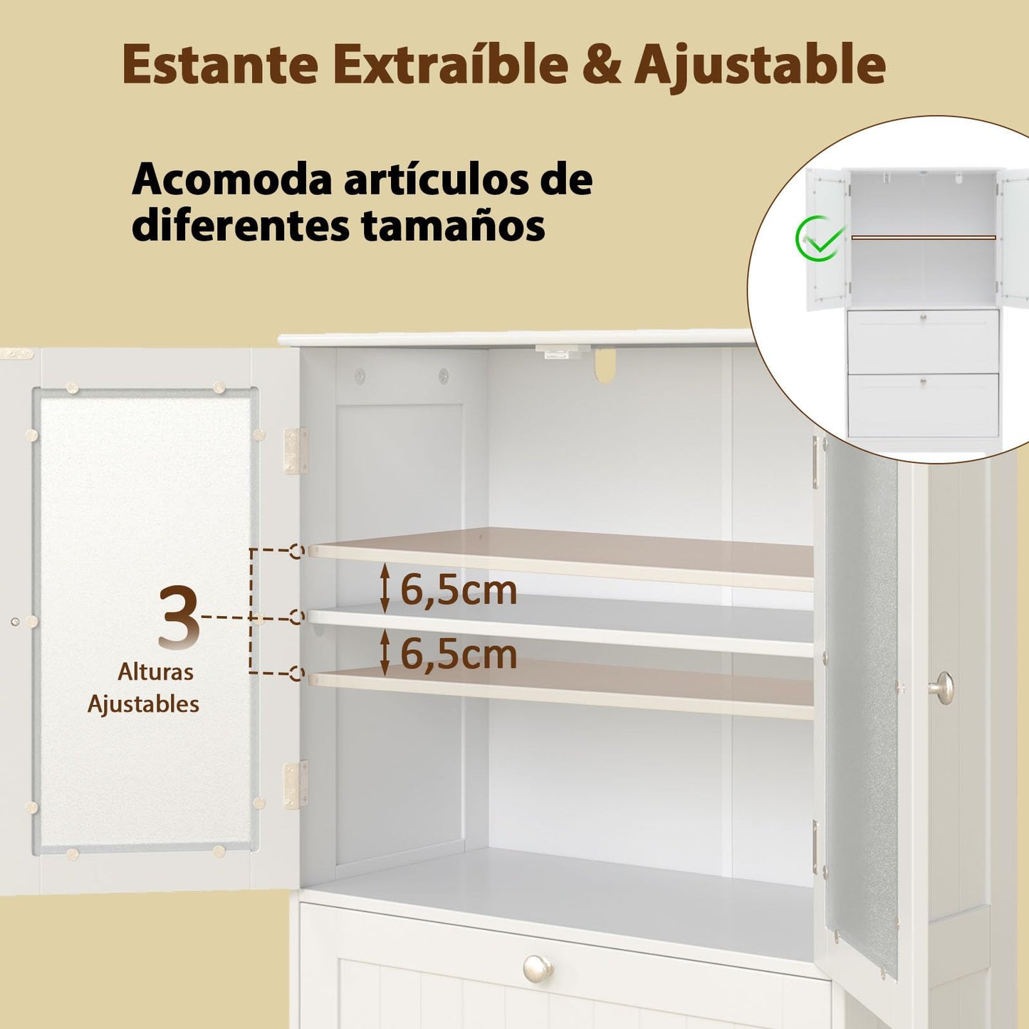 COSTWAY Mueble Baño de Suelo, Armario Baño con 2 Cajones y 2 Puertas de Cristal Esmerilado, Estante Ajustable de 3 Niveles, Armario de Almacenaje para Cocina Salon Comedor, 60 x 30 x 108 cm
