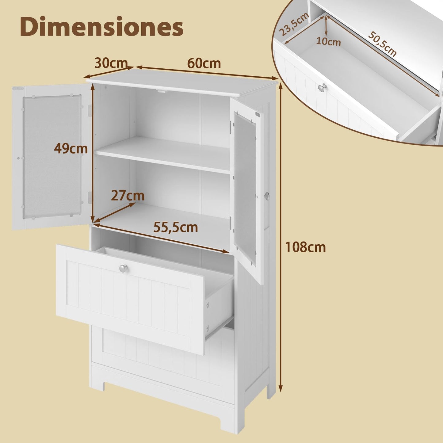 COSTWAY Mueble Baño de Suelo, Armario Baño con 2 Cajones y 2 Puertas de Cristal Esmerilado, Estante Ajustable de 3 Niveles, Armario de Almacenaje para Cocina Salon Comedor, 60 x 30 x 108 cm