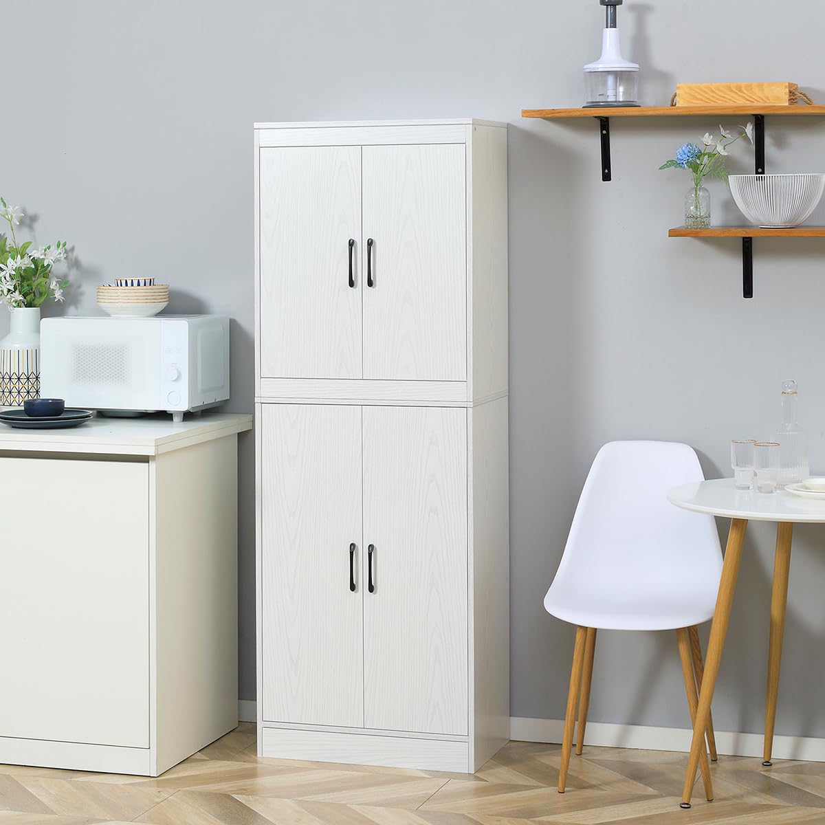 HOMCOM Aparador Alacena de Cocina Aparador de Comedor Moderno con 4 Puertas y 5 Estantes Ajustables Antivuelco para Oficina Salón 60x36x168 cm Blanco