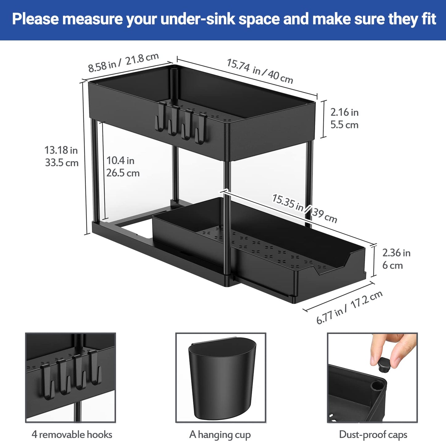 Puricon Estantería Bajo Fregadero con Cajón Deslizante y Ganchos, Organizador para Cocina y Lavabo, Negro