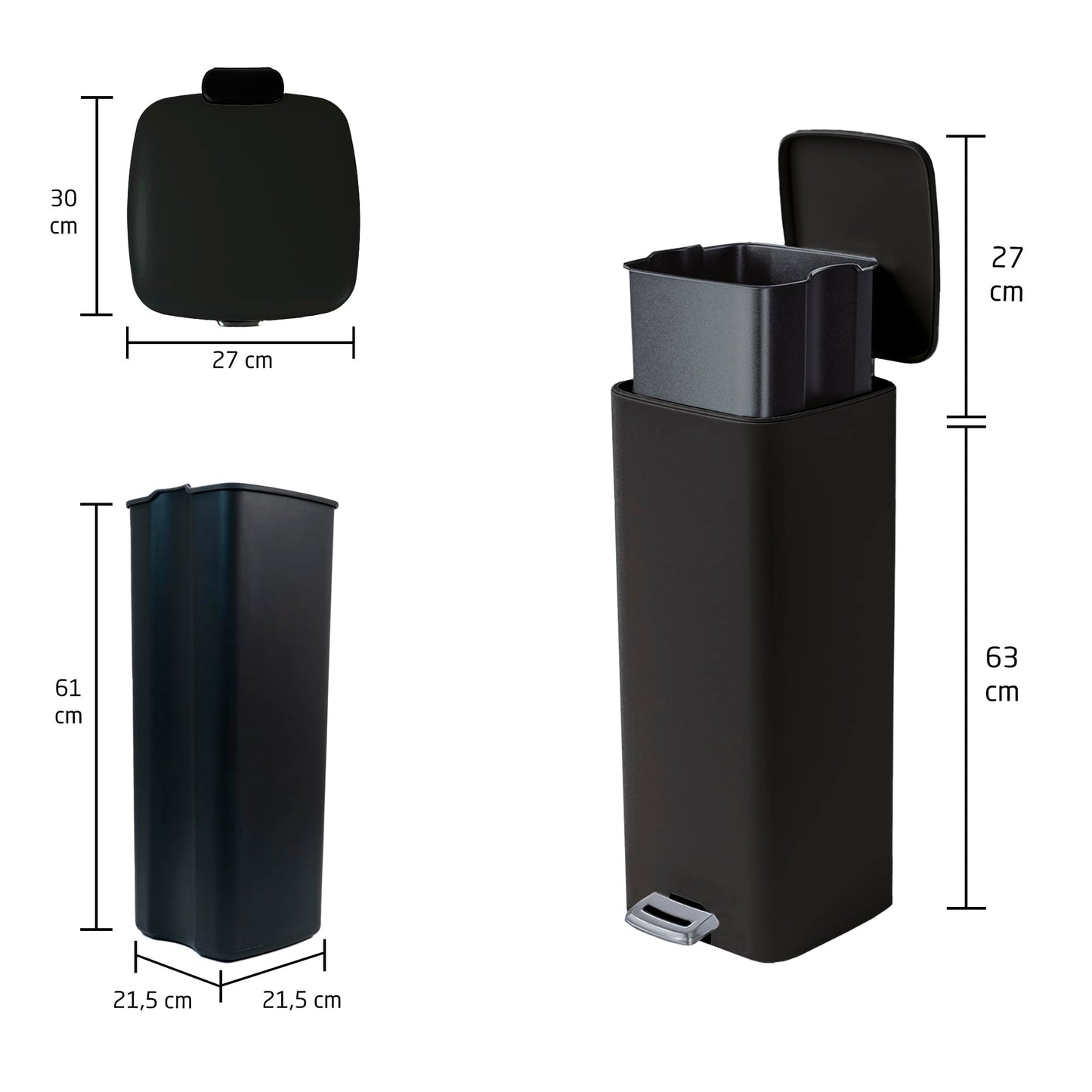 Amig - Cubo de Basura con Pedal 30 Litros Mod. Artvin - Color Negro - Apertura higiénica sin manos - 27 x 36 x 65 cm - Acero inoxidable lacado - Papelera para cocina con Tapa Hermética