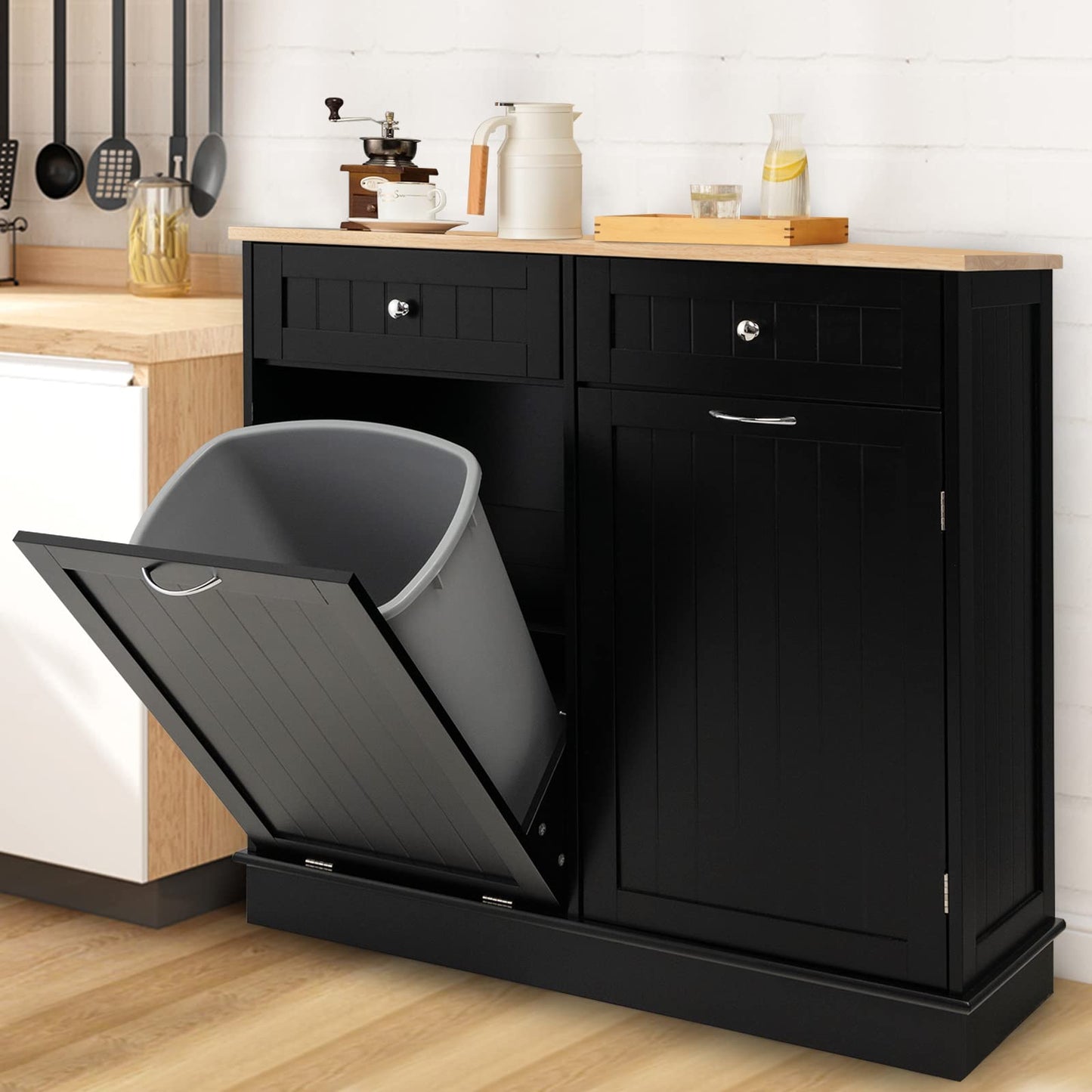 GOPLUS Aparador de cocina ideal para cubo de basura 42L, isla de cocina con 2 cajones, estante ajustable, bandeja de cauchú para comedor, sala de estar, lavandería, cuarto de baño, negro