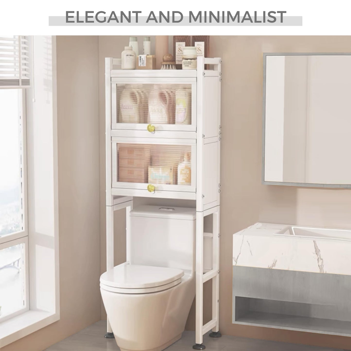 MAGIC SELECT Estantería sobre Inodoro con Puertas Abatibles | Estante de WC Organizador Multiusos | Estantería de Almacenamiento de Baño | Ahorra Espacio con 3 Niveles | Patas Ajustables en Altura.