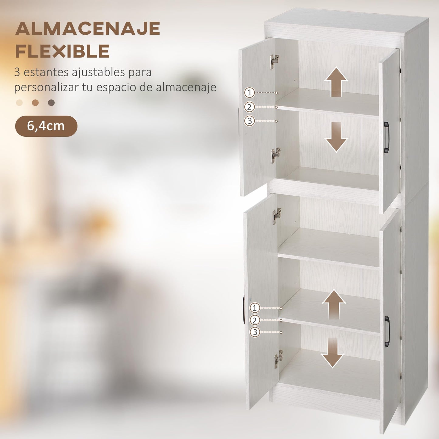 HOMCOM Aparador Alacena de Cocina Aparador de Comedor Moderno con 4 Puertas y 5 Estantes Ajustables Antivuelco para Oficina Salón 60x36x168 cm Blanco