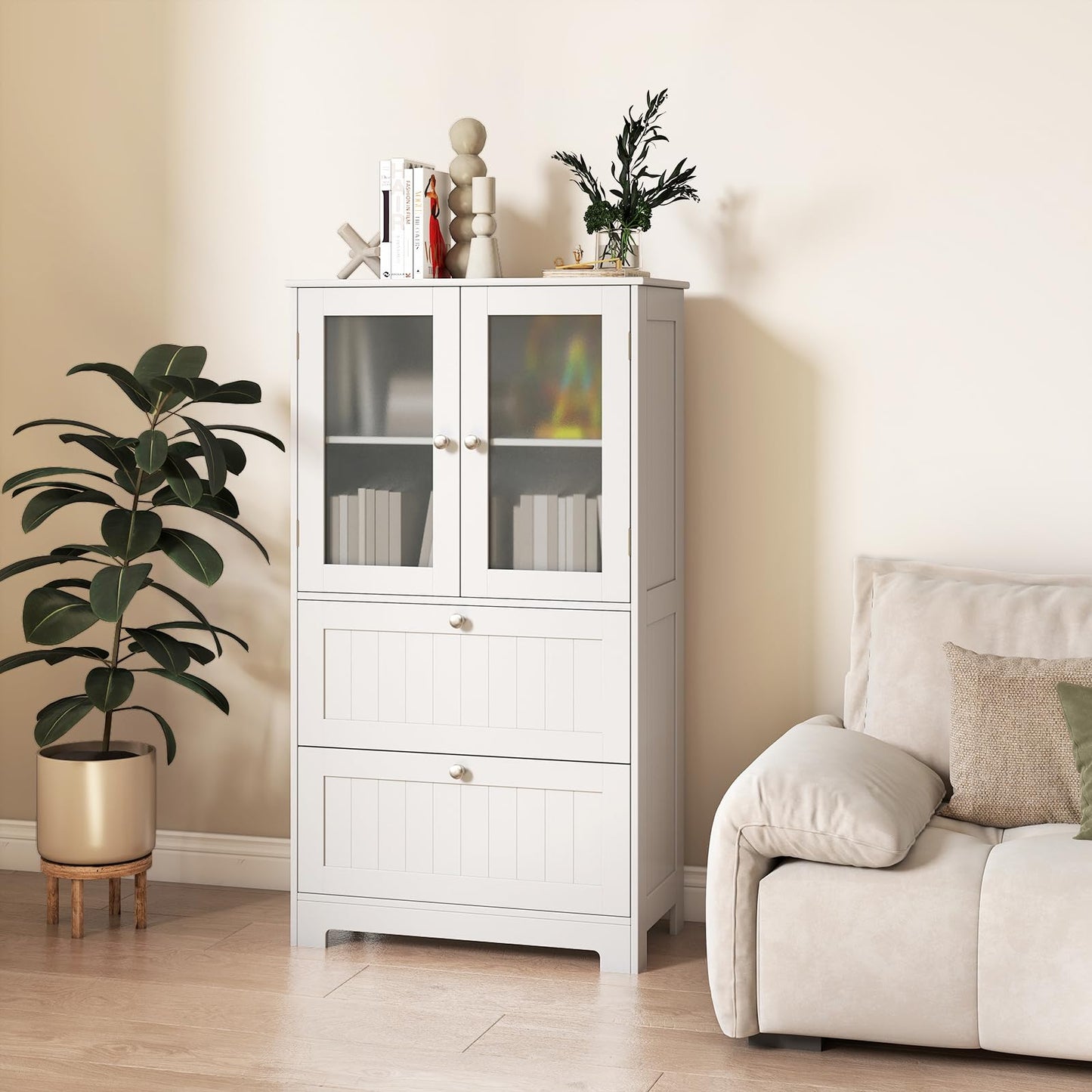 COSTWAY Mueble Baño de Suelo, Armario Baño con 2 Cajones y 2 Puertas de Cristal Esmerilado, Estante Ajustable de 3 Niveles, Armario de Almacenaje para Cocina Salon Comedor, 60 x 30 x 108 cm