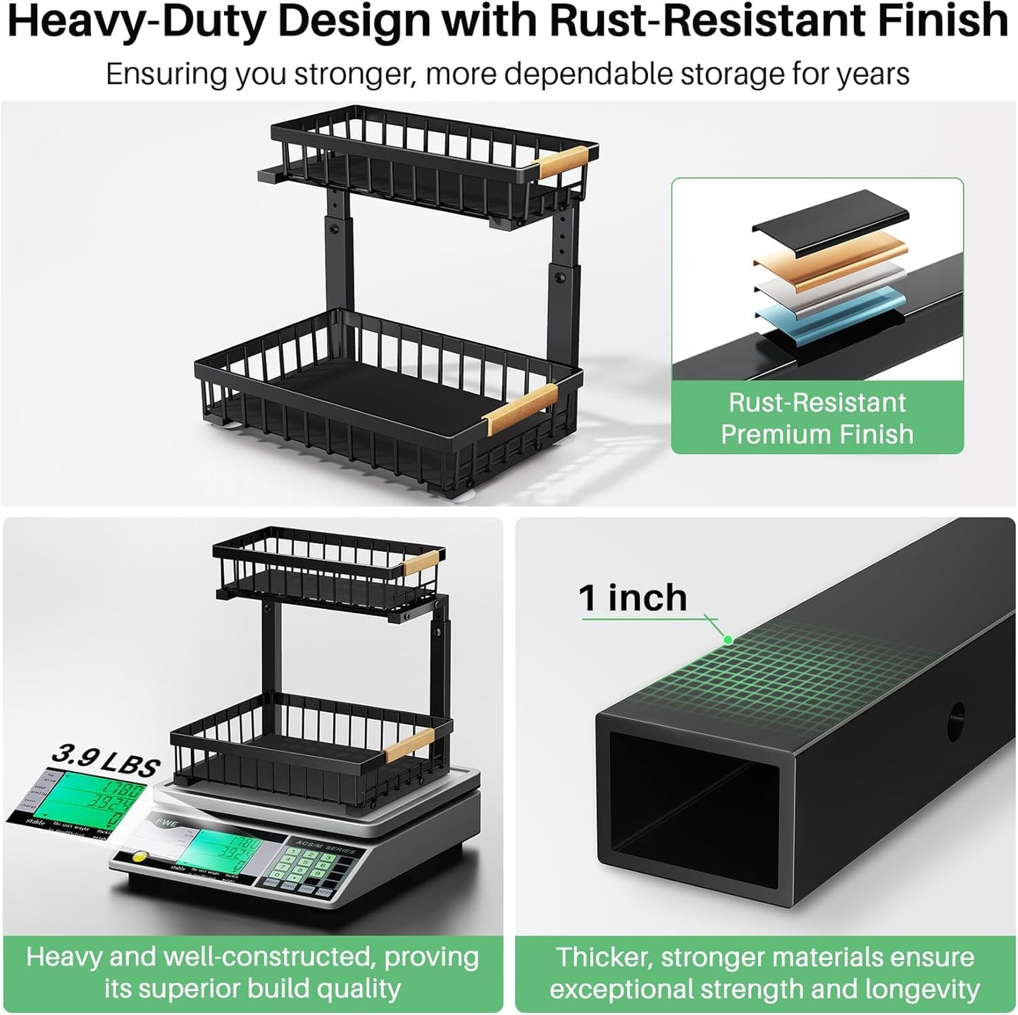 Kitstorack Metal 2 Paquete Organizador Fregadero, 2 Niveles Organizador Extraíble Estante Almacenamiento Debajo Fregadero para Cocina, Baño, Negro