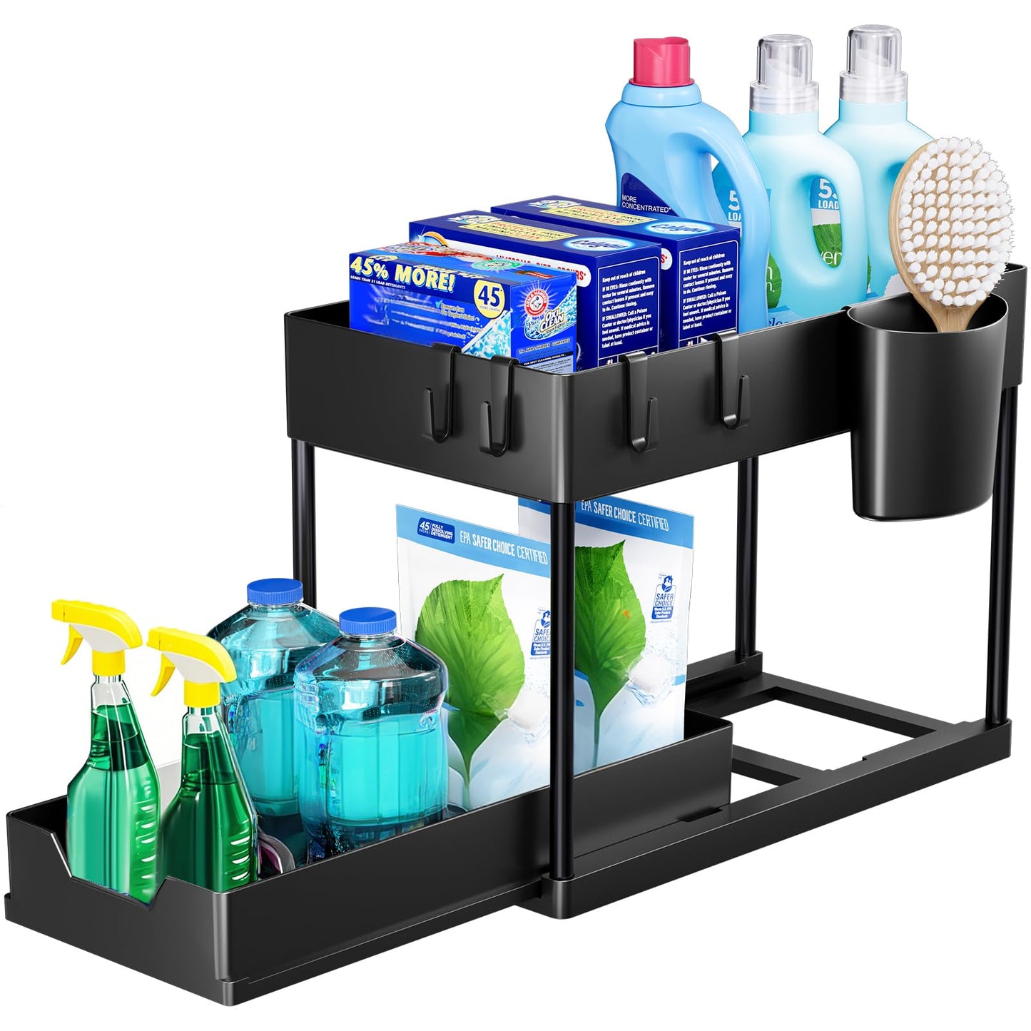Puricon Estantería Bajo Fregadero con Cajón Deslizante y Ganchos, Organizador para Cocina y Lavabo, Negro