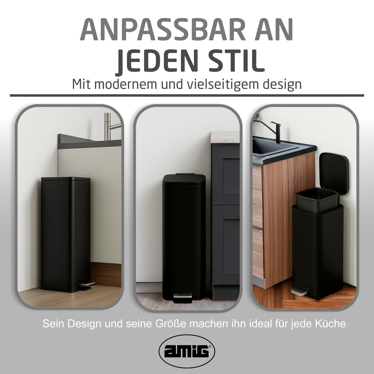 Amig - Cubo de Basura con Pedal 30 Litros Mod. Artvin - Color Negro - Apertura higiénica sin manos - 27 x 36 x 65 cm - Acero inoxidable lacado - Papelera para cocina con Tapa Hermética