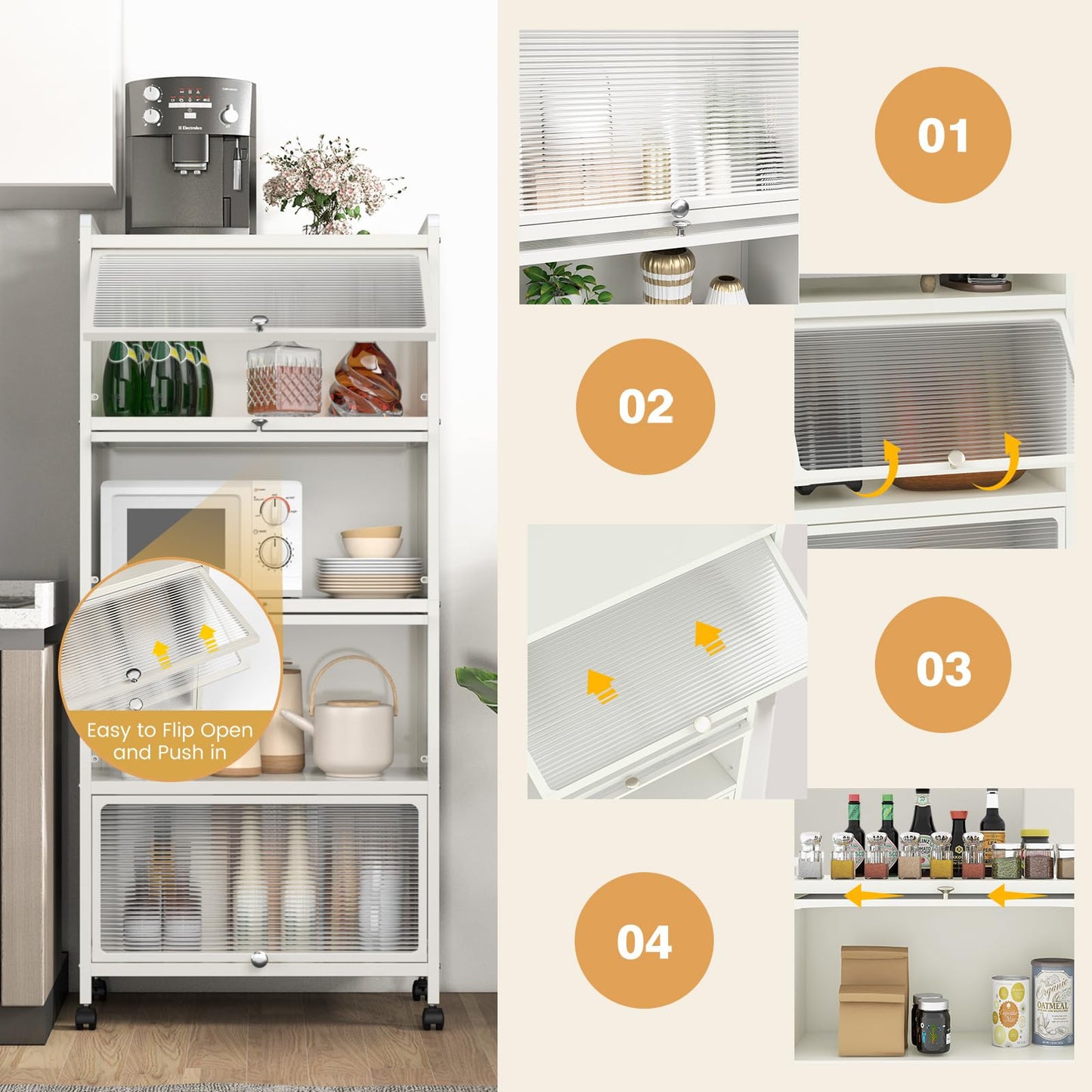 KOMFOTTEU Estantería de Cocina de 5 Niveles, Armario con 4 Ruedas y Puertas Transparentes, Mueble de Almacenamiento de Metal con Dispositivo Antivuelco para Comedor, 60 x 32 x 154 cm (Blanco)