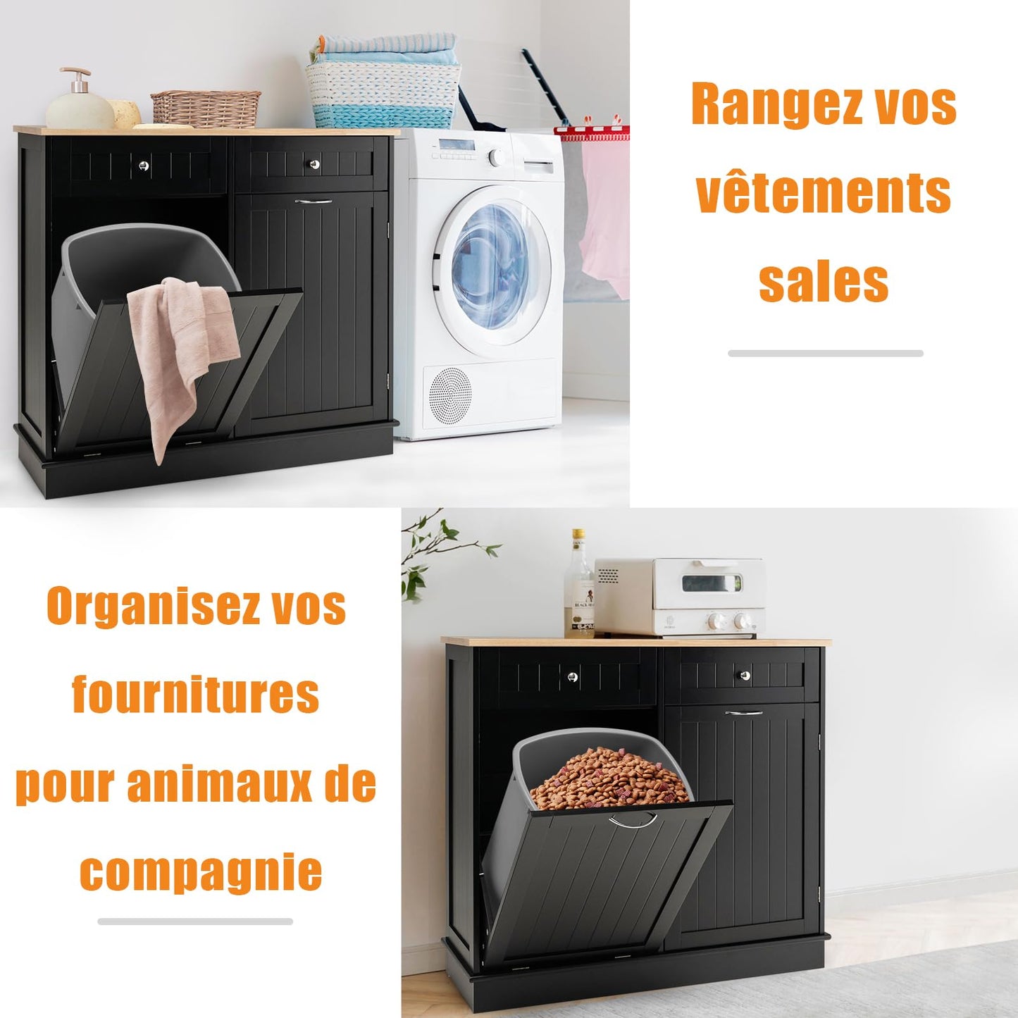 GOPLUS Aparador de cocina ideal para cubo de basura 42L, isla de cocina con 2 cajones, estante ajustable, bandeja de cauchú para comedor, sala de estar, lavandería, cuarto de baño, negro