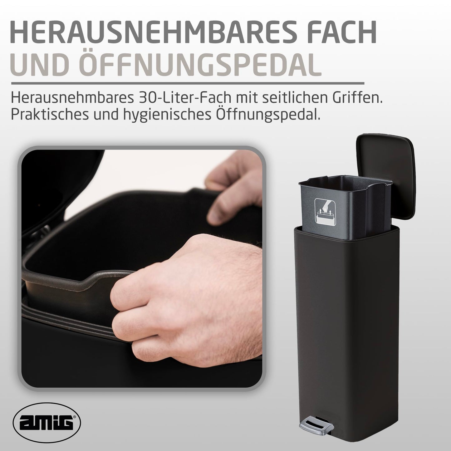 Amig - Cubo de Basura con Pedal 30 Litros Mod. Artvin - Color Negro - Apertura higiénica sin manos - 27 x 36 x 65 cm - Acero inoxidable lacado - Papelera para cocina con Tapa Hermética