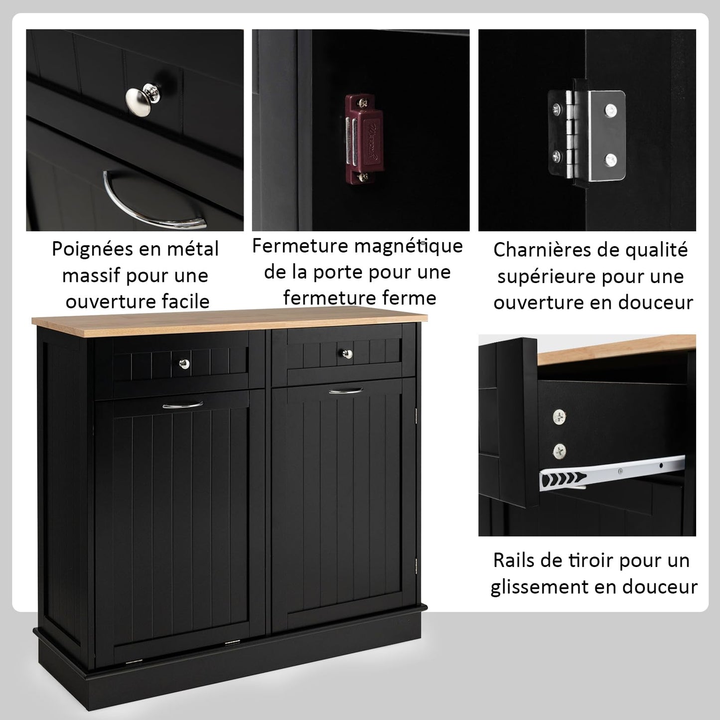 GOPLUS Aparador de cocina ideal para cubo de basura 42L, isla de cocina con 2 cajones, estante ajustable, bandeja de cauchú para comedor, sala de estar, lavandería, cuarto de baño, negro