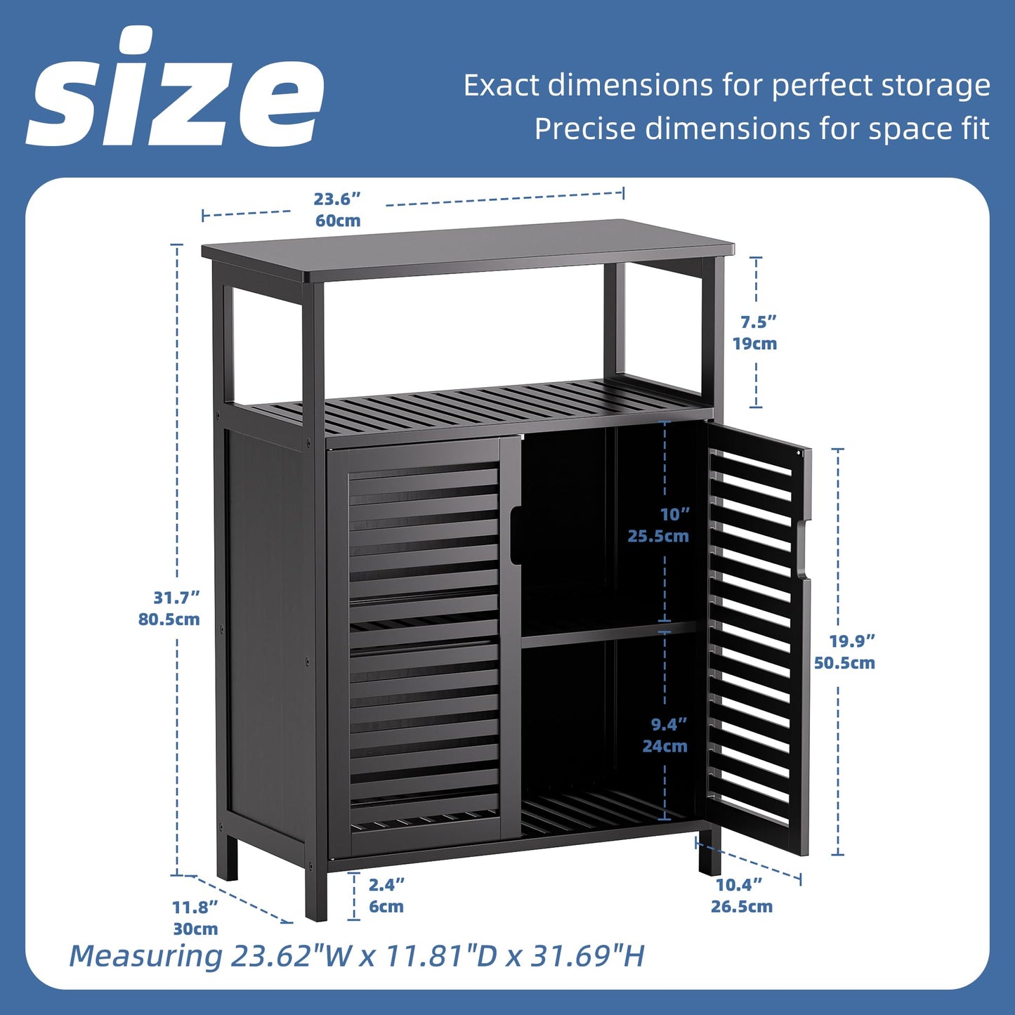 HITNET Mueble Baño de Bambú Madera, Organizador de Almacenamiento Lateral Independiente, Armario de Cocina Pequeño con 2 Puertas y Estante Abierto, Negro