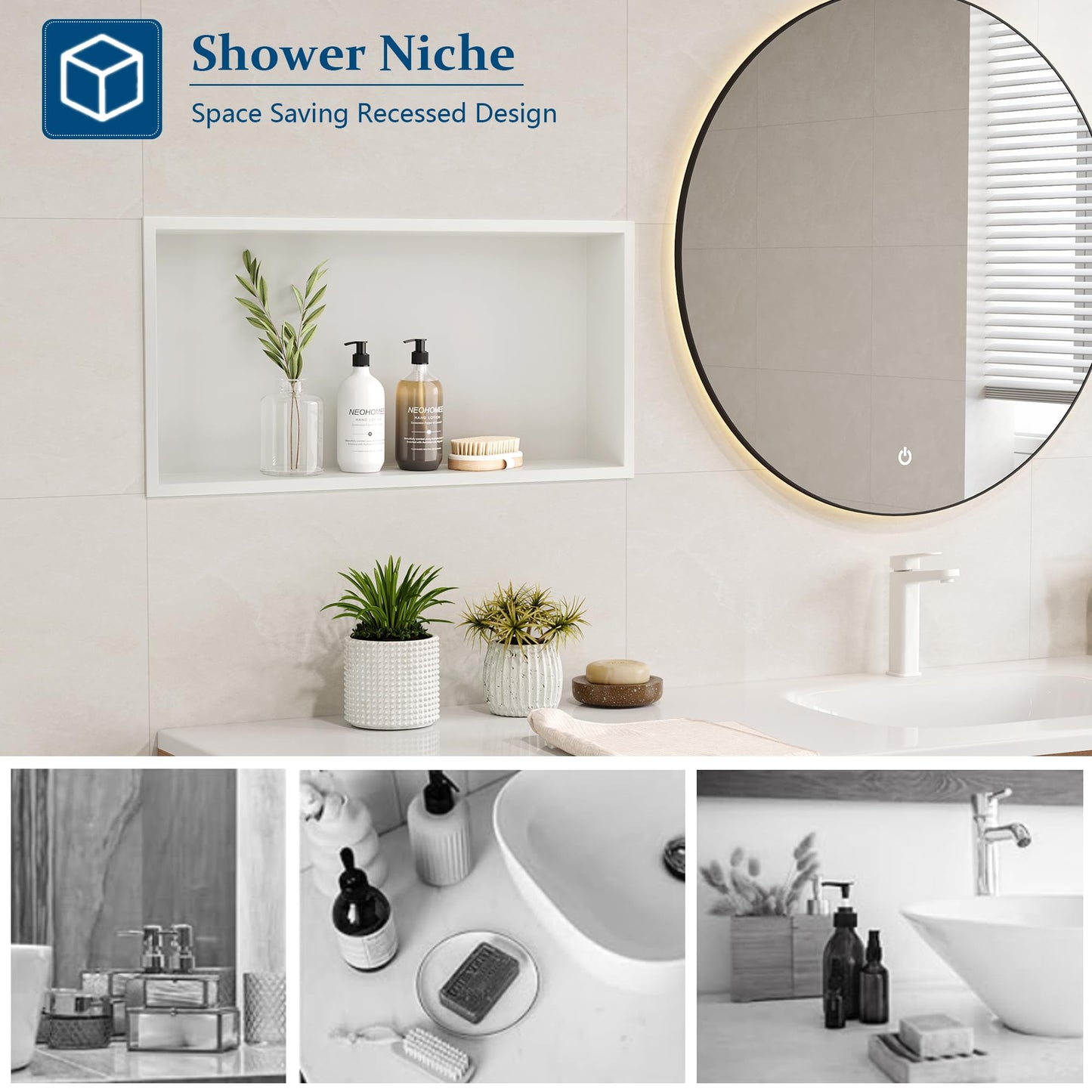 Neodrain Nicho de ducha de pared de acero inoxidable incorporado estante individual para baño 60 x 30 cm, blanco