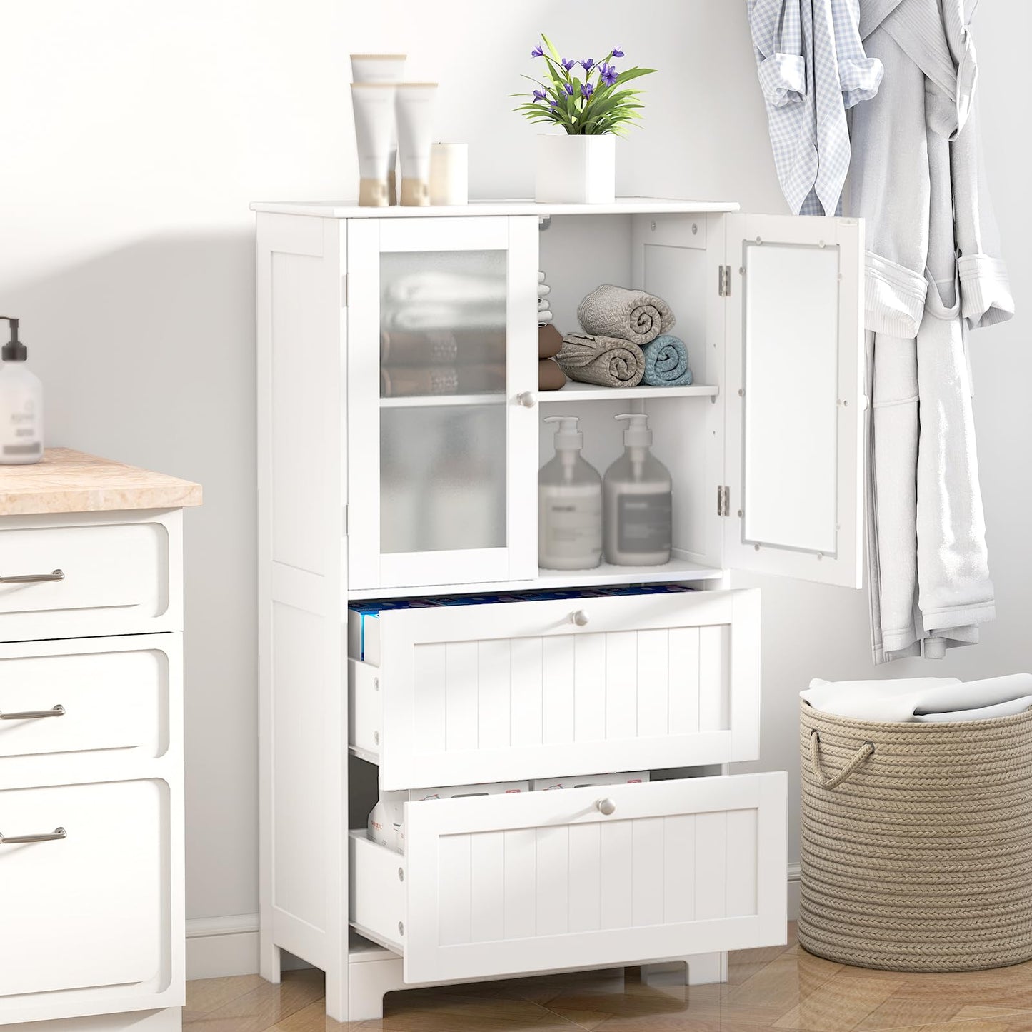 COSTWAY Mueble Baño de Suelo, Armario Baño con 2 Cajones y 2 Puertas de Cristal Esmerilado, Estante Ajustable de 3 Niveles, Armario de Almacenaje para Cocina Salon Comedor, 60 x 30 x 108 cm