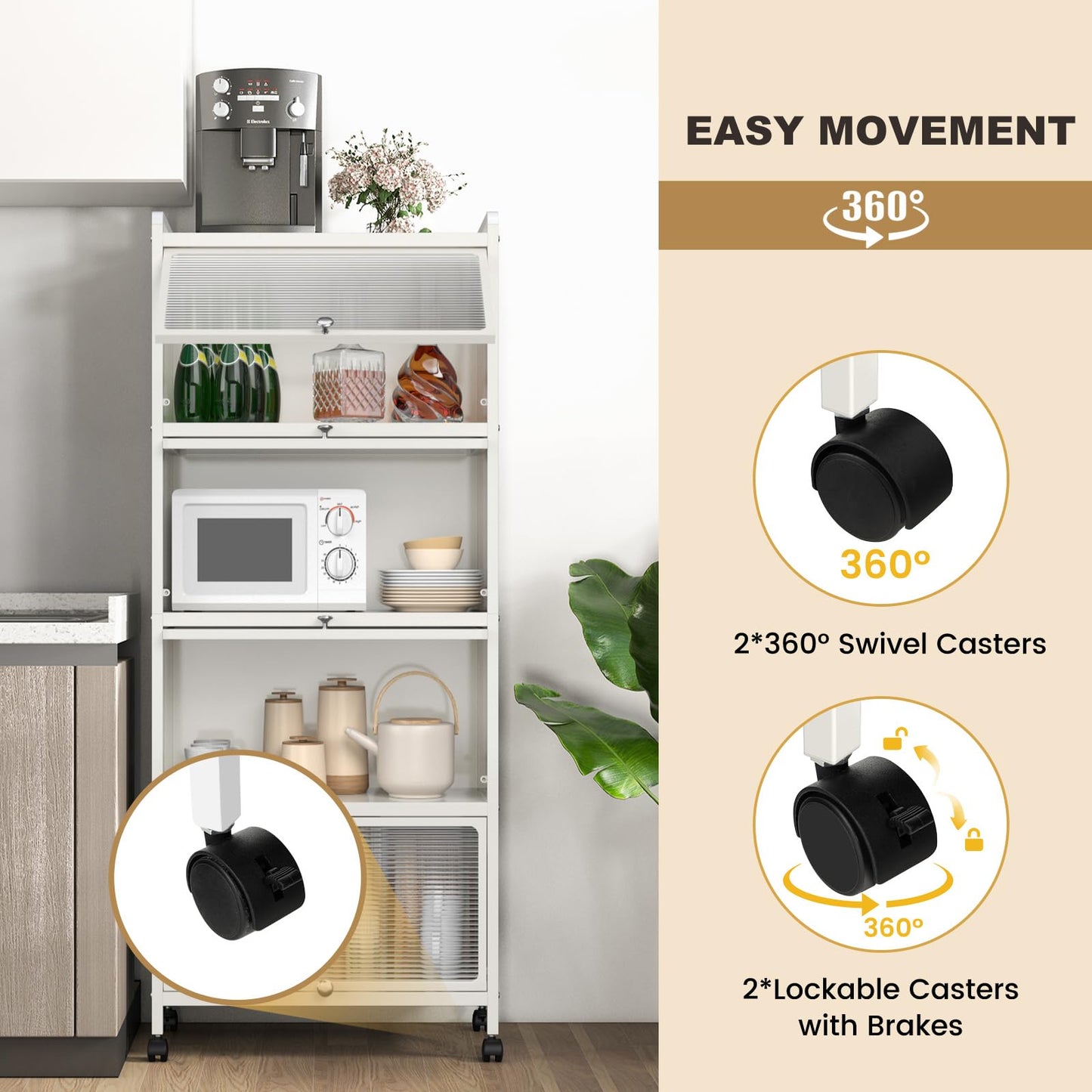 KOMFOTTEU Estantería de Cocina de 5 Niveles, Armario con 4 Ruedas y Puertas Transparentes, Mueble de Almacenamiento de Metal con Dispositivo Antivuelco para Comedor, 60 x 32 x 154 cm (Blanco)