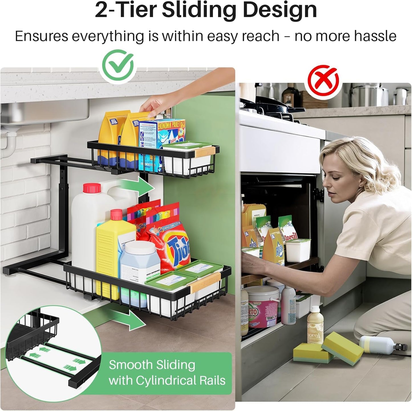 Kitstorack Metal 2 Paquete Organizador Fregadero, 2 Niveles Organizador Extraíble Estante Almacenamiento Debajo Fregadero para Cocina, Baño, Negro