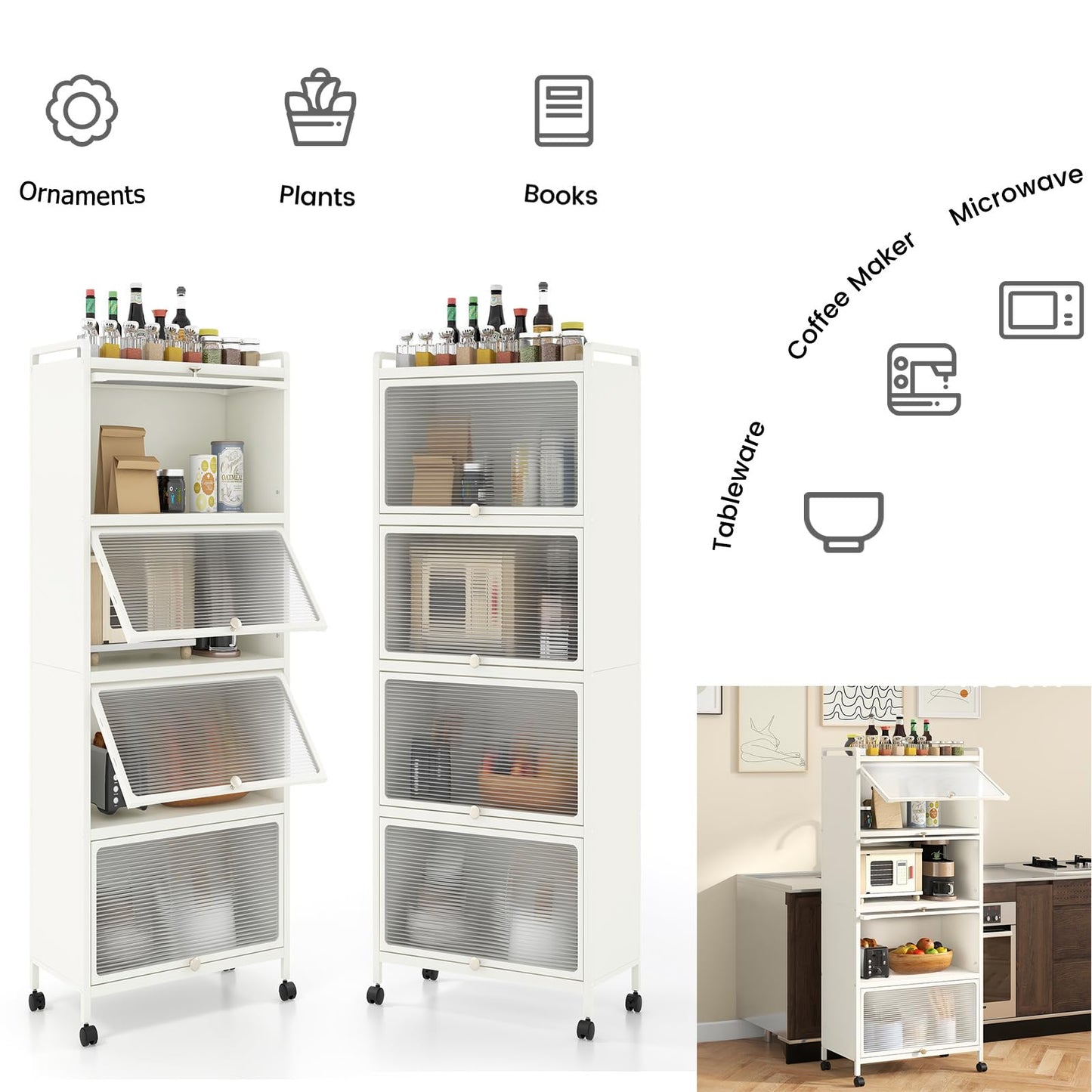 KOMFOTTEU Estantería de Cocina de 5 Niveles, Armario con 4 Ruedas y Puertas Transparentes, Mueble de Almacenamiento de Metal con Dispositivo Antivuelco para Comedor, 60 x 32 x 154 cm (Blanco)