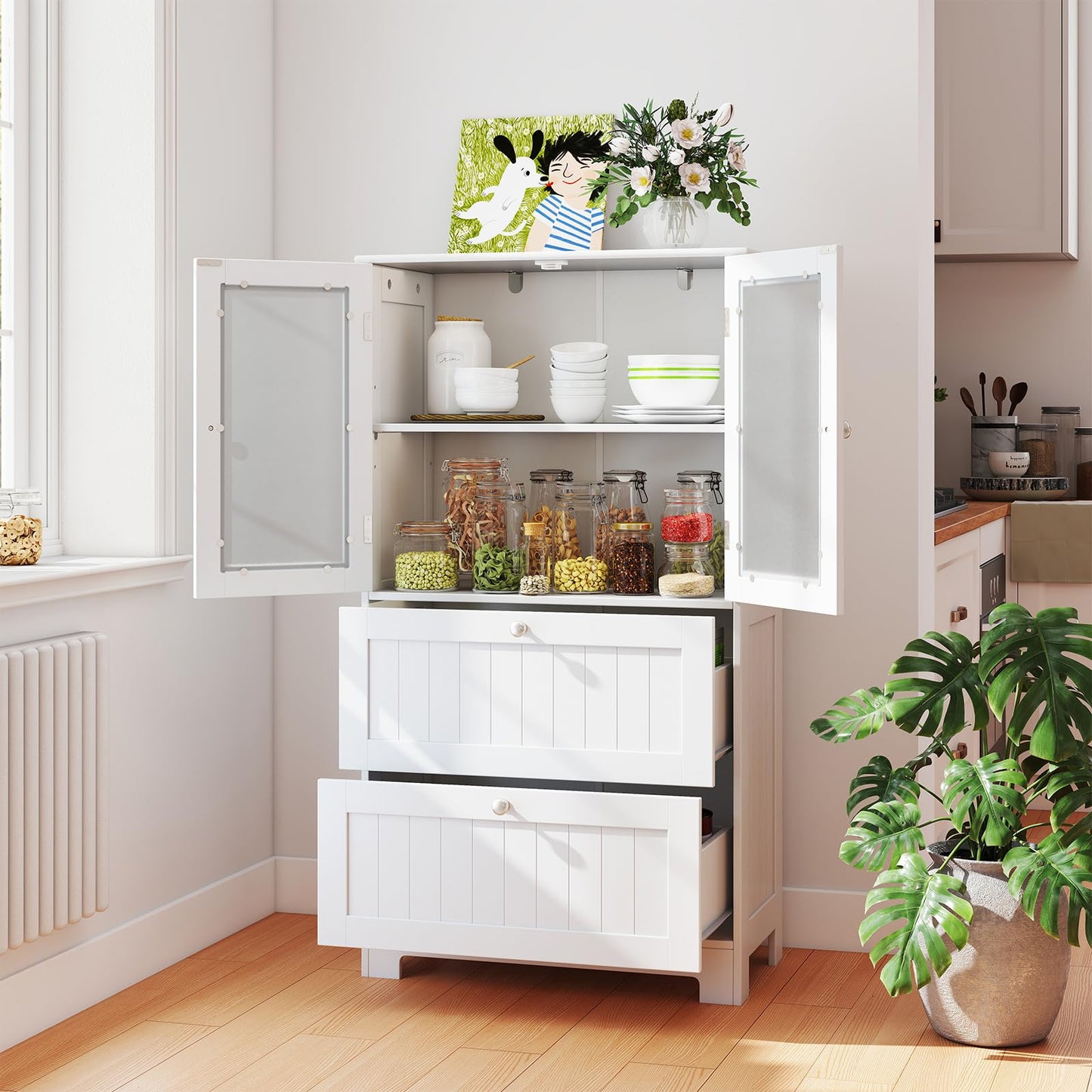 COSTWAY Mueble Baño de Suelo, Armario Baño con 2 Cajones y 2 Puertas de Cristal Esmerilado, Estante Ajustable de 3 Niveles, Armario de Almacenaje para Cocina Salon Comedor, 60 x 30 x 108 cm