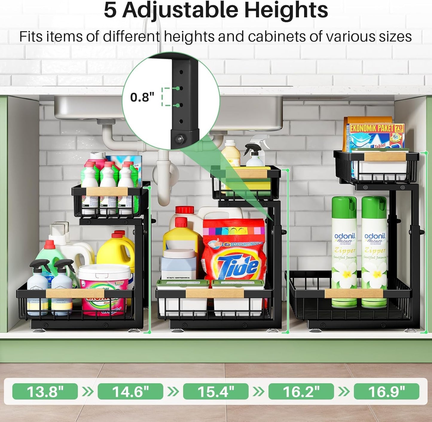 Kitstorack Metal 2 Paquete Organizador Fregadero, 2 Niveles Organizador Extraíble Estante Almacenamiento Debajo Fregadero para Cocina, Baño, Negro