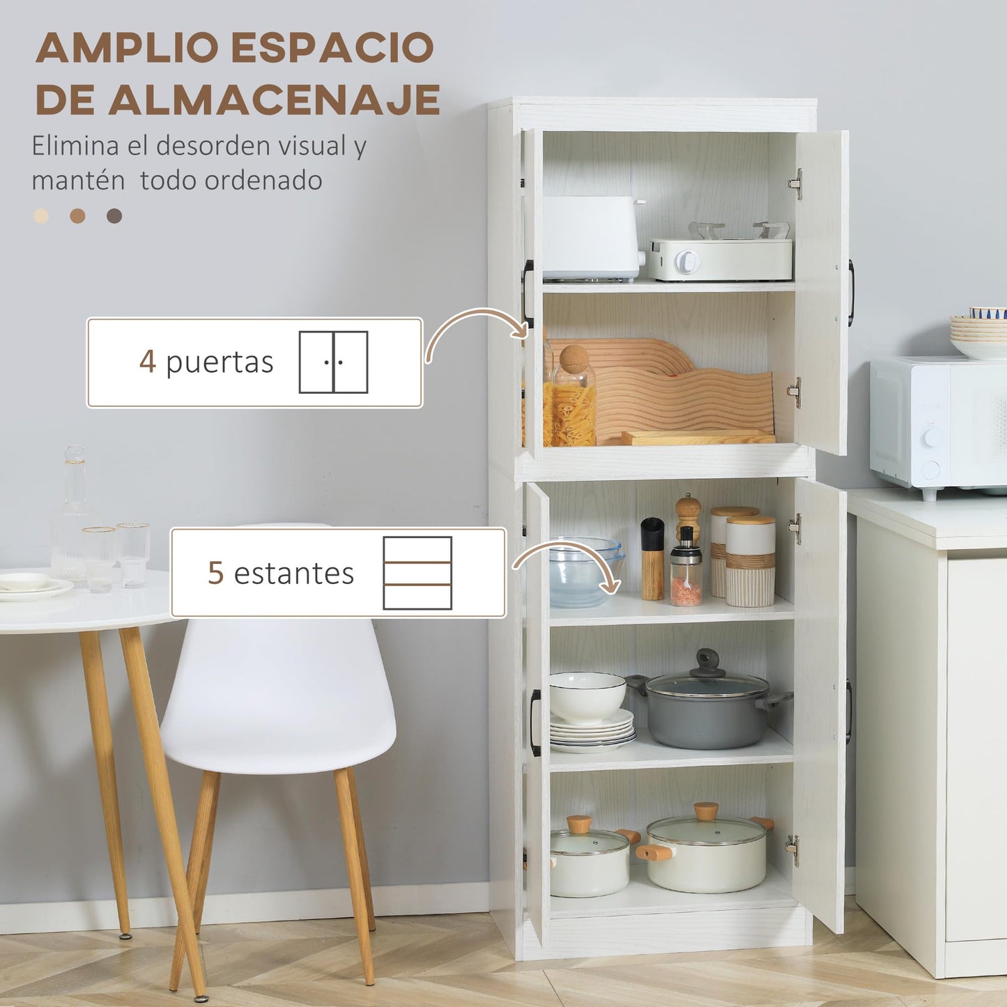 HOMCOM Aparador Alacena de Cocina Aparador de Comedor Moderno con 4 Puertas y 5 Estantes Ajustables Antivuelco para Oficina Salón 60x36x168 cm Blanco