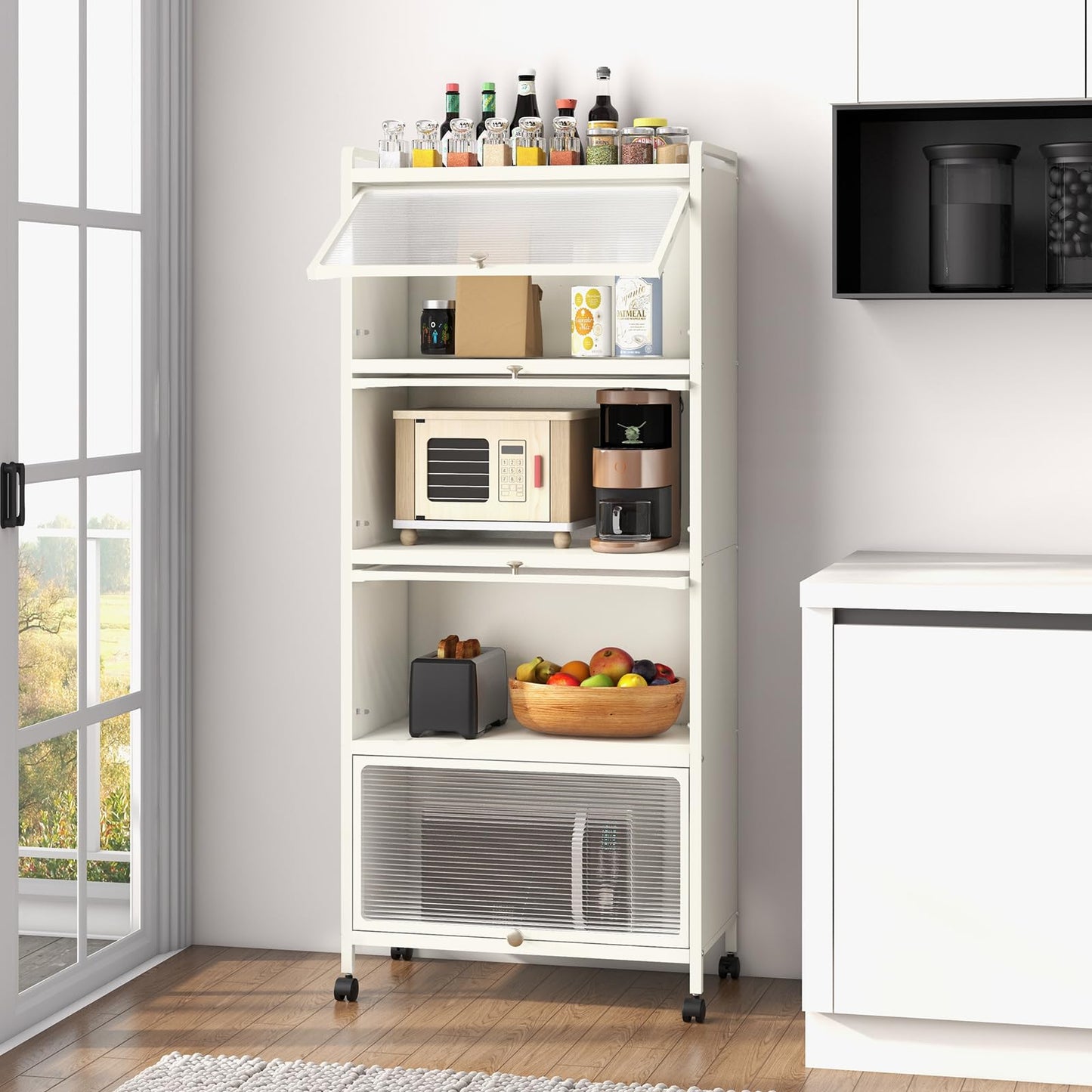 KOMFOTTEU Estantería de Cocina de 5 Niveles, Armario con 4 Ruedas y Puertas Transparentes, Mueble de Almacenamiento de Metal con Dispositivo Antivuelco para Comedor, 60 x 32 x 154 cm (Blanco)