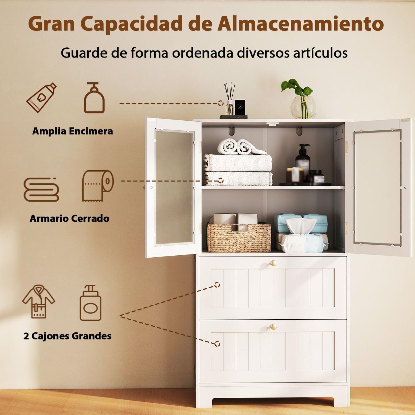 COSTWAY Mueble Baño de Suelo, Armario Baño con 2 Cajones y 2 Puertas de Cristal Esmerilado, Estante Ajustable de 3 Niveles, Armario de Almacenaje para Cocina Salon Comedor, 60 x 30 x 108 cm