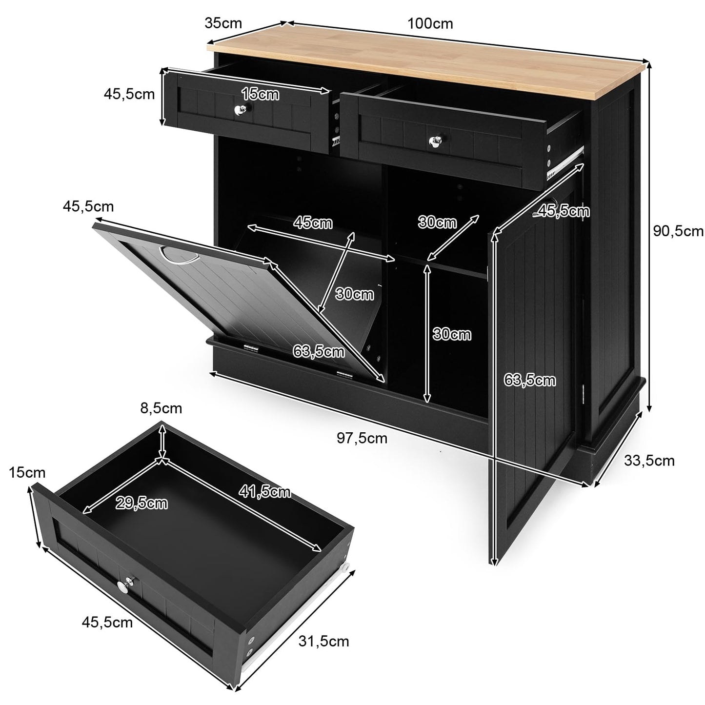 GOPLUS Aparador de cocina ideal para cubo de basura 42L, isla de cocina con 2 cajones, estante ajustable, bandeja de cauchú para comedor, sala de estar, lavandería, cuarto de baño, negro