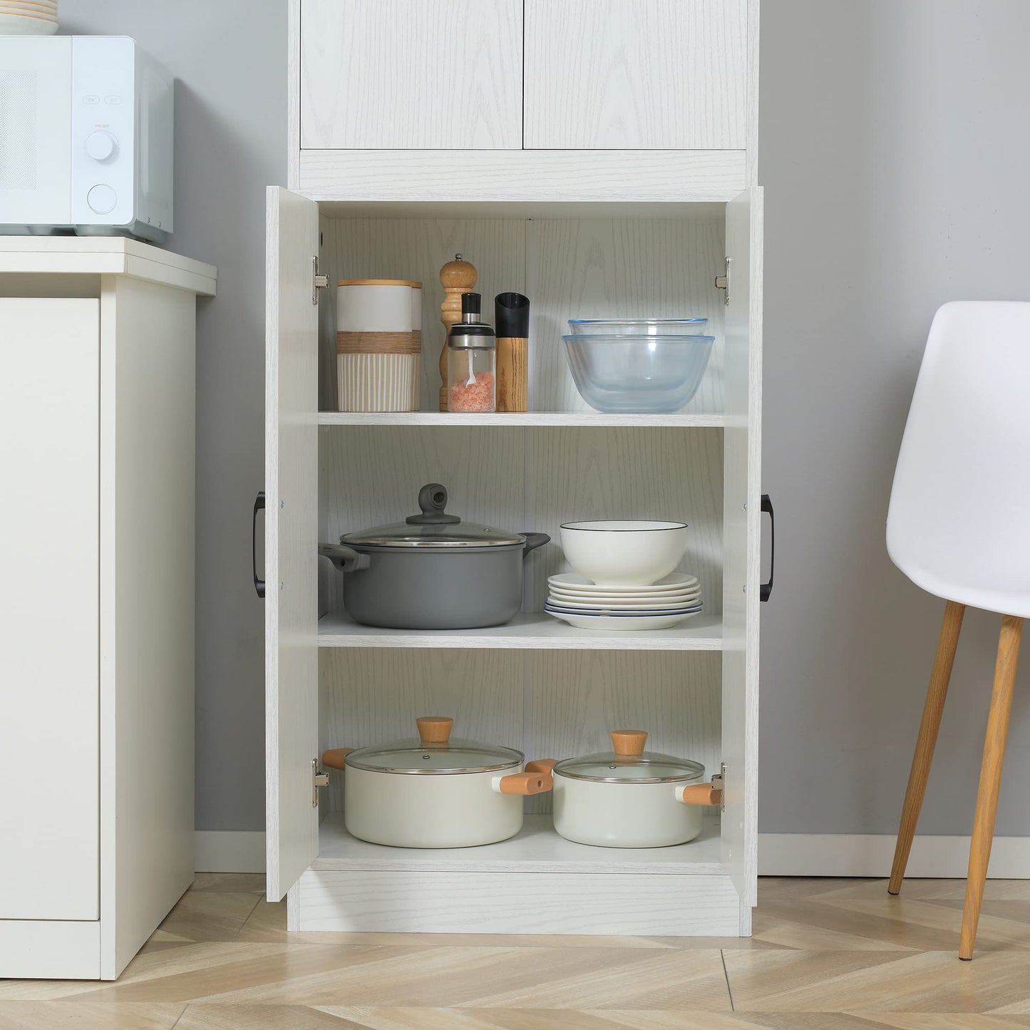 HOMCOM Aparador Alacena de Cocina Aparador de Comedor Moderno con 4 Puertas y 5 Estantes Ajustables Antivuelco para Oficina Salón 60x36x168 cm Blanco
