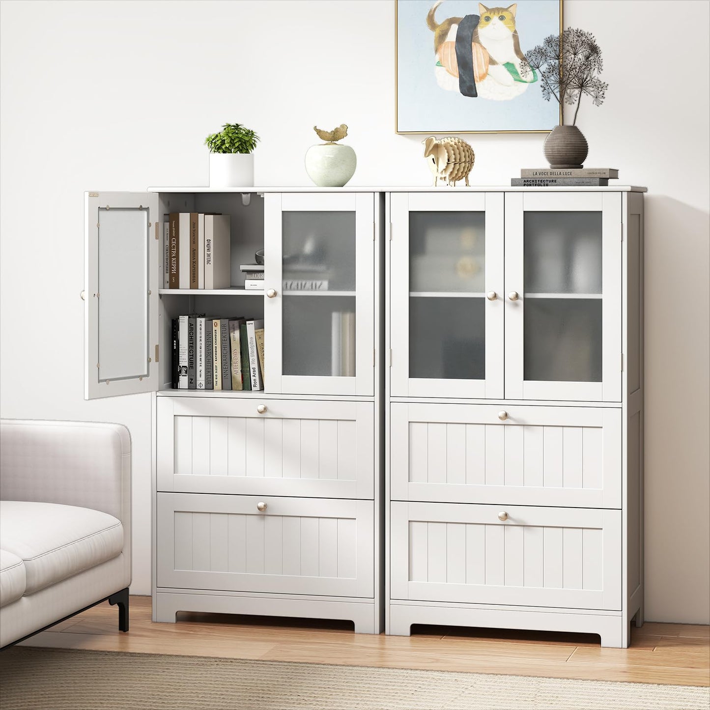 COSTWAY Mueble Baño de Suelo, Armario Baño con 2 Cajones y 2 Puertas de Cristal Esmerilado, Estante Ajustable de 3 Niveles, Armario de Almacenaje para Cocina Salon Comedor, 60 x 30 x 108 cm