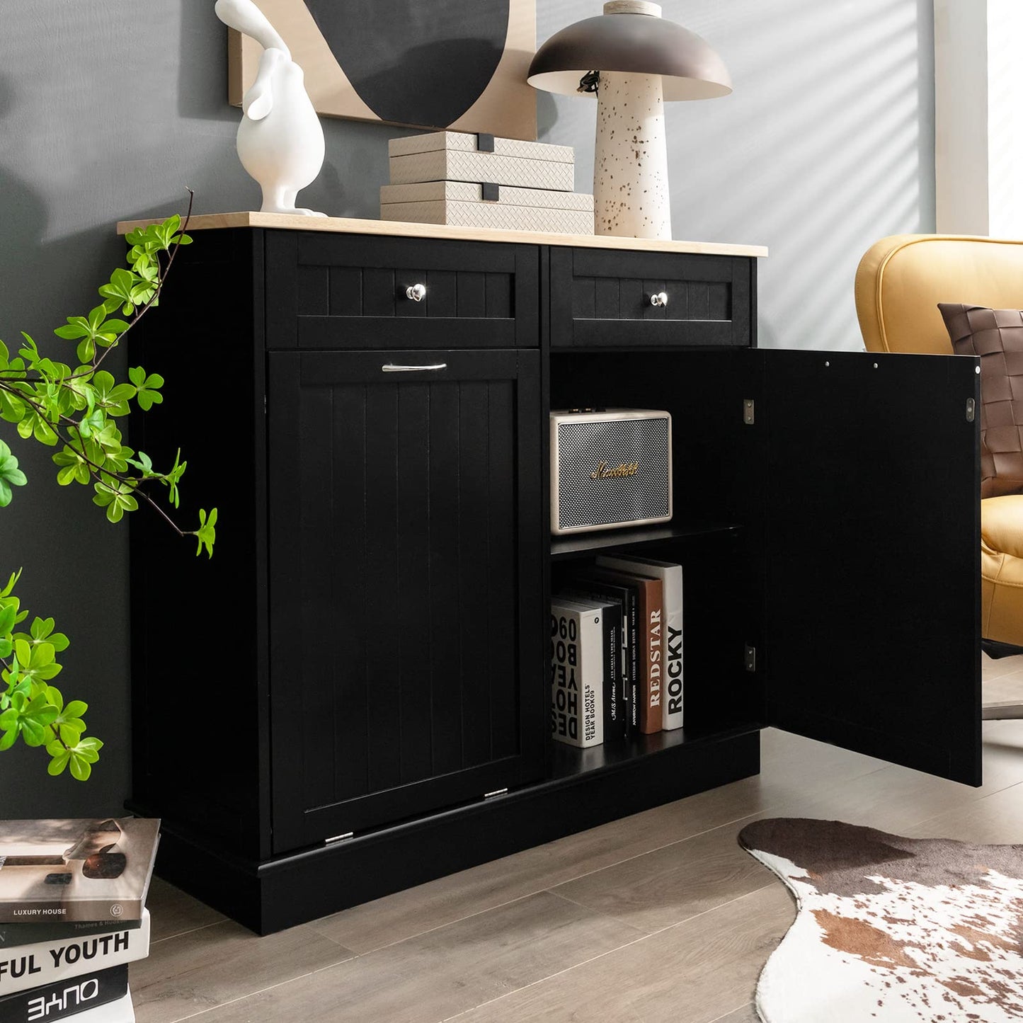 GOPLUS Aparador de cocina ideal para cubo de basura 42L, isla de cocina con 2 cajones, estante ajustable, bandeja de cauchú para comedor, sala de estar, lavandería, cuarto de baño, negro
