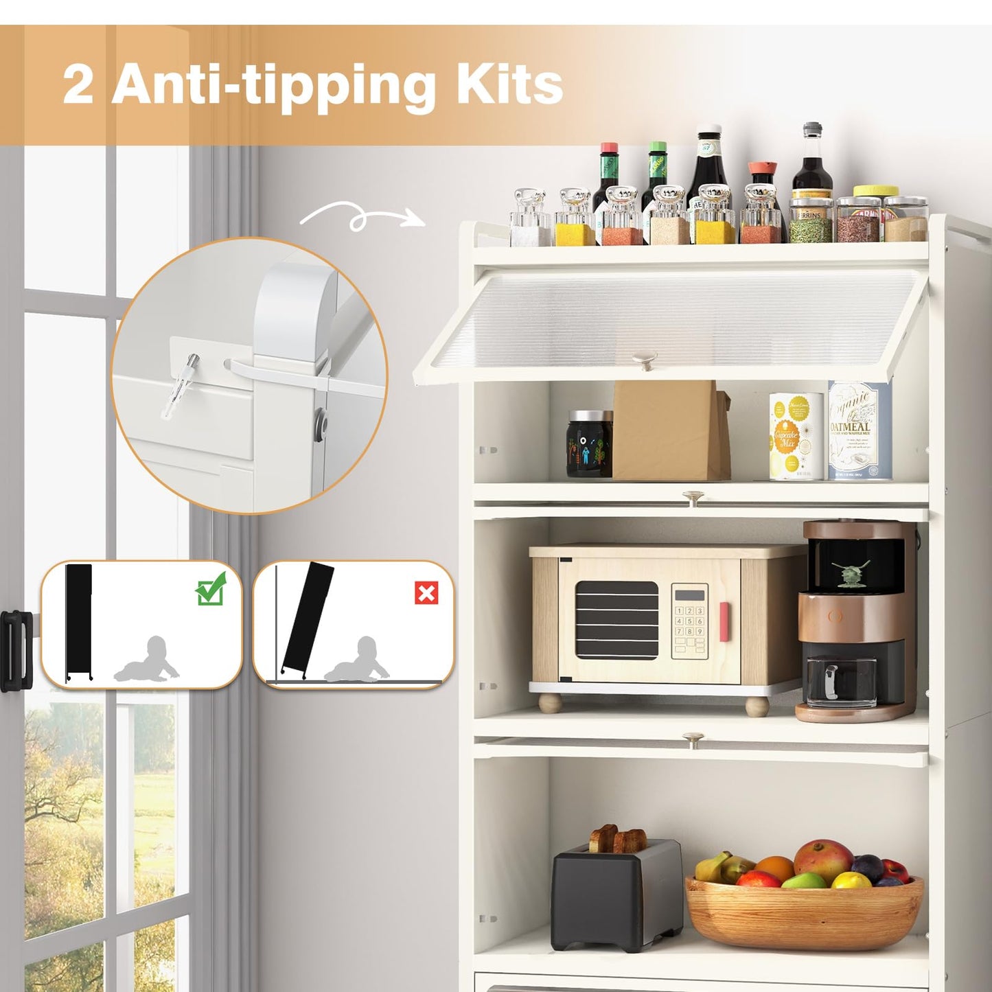 KOMFOTTEU Estantería de Cocina de 5 Niveles, Armario con 4 Ruedas y Puertas Transparentes, Mueble de Almacenamiento de Metal con Dispositivo Antivuelco para Comedor, 60 x 32 x 154 cm (Blanco)