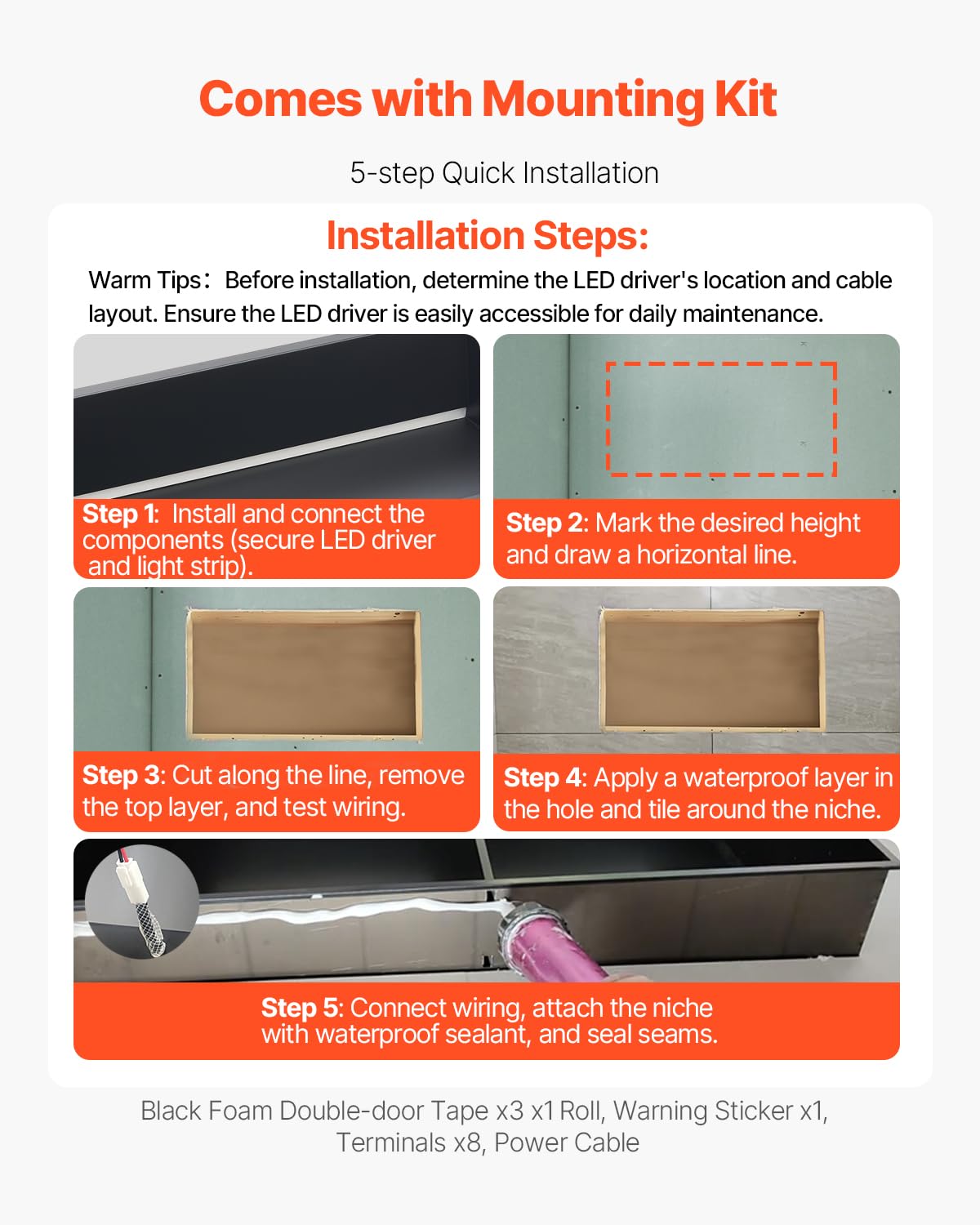 VEVOR Nicho de Ducha Empotrado 33x63,5x10,2 cm Estante Divisor de Pared de Acero Inoxidable Organizador de Jabón y Champú con Tira LED Sellado Impermeable Duradero Fácil de Instalar para Baño, Negro