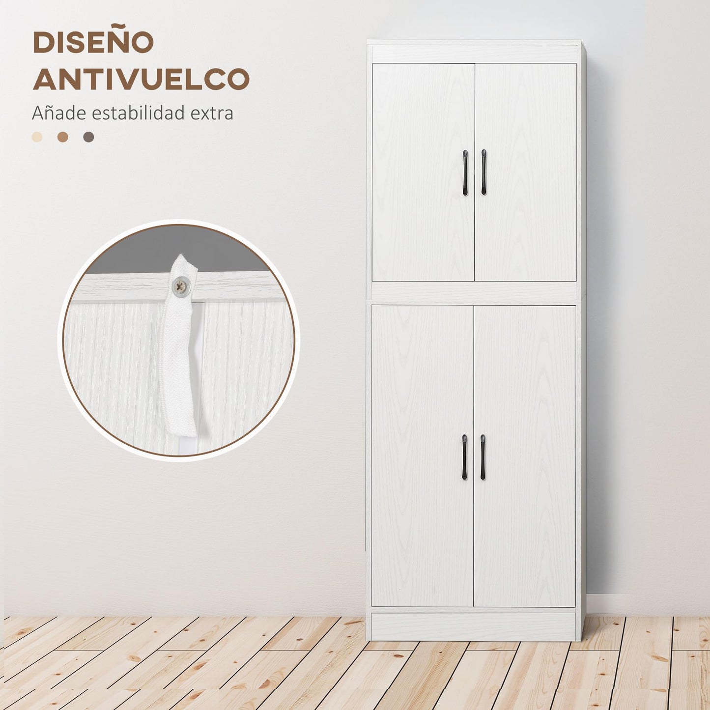 HOMCOM Aparador Alacena de Cocina Aparador de Comedor Moderno con 4 Puertas y 5 Estantes Ajustables Antivuelco para Oficina Salón 60x36x168 cm Blanco