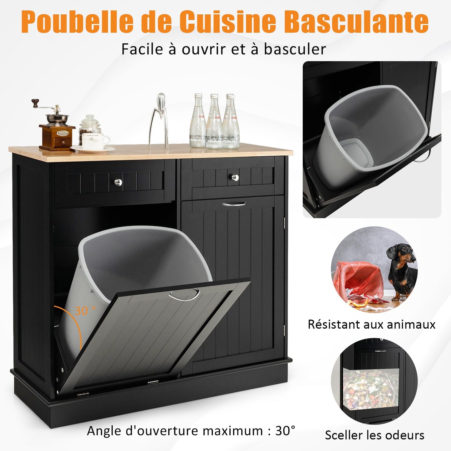 GOPLUS Aparador de cocina ideal para cubo de basura 42L, isla de cocina con 2 cajones, estante ajustable, bandeja de cauchú para comedor, sala de estar, lavandería, cuarto de baño, negro