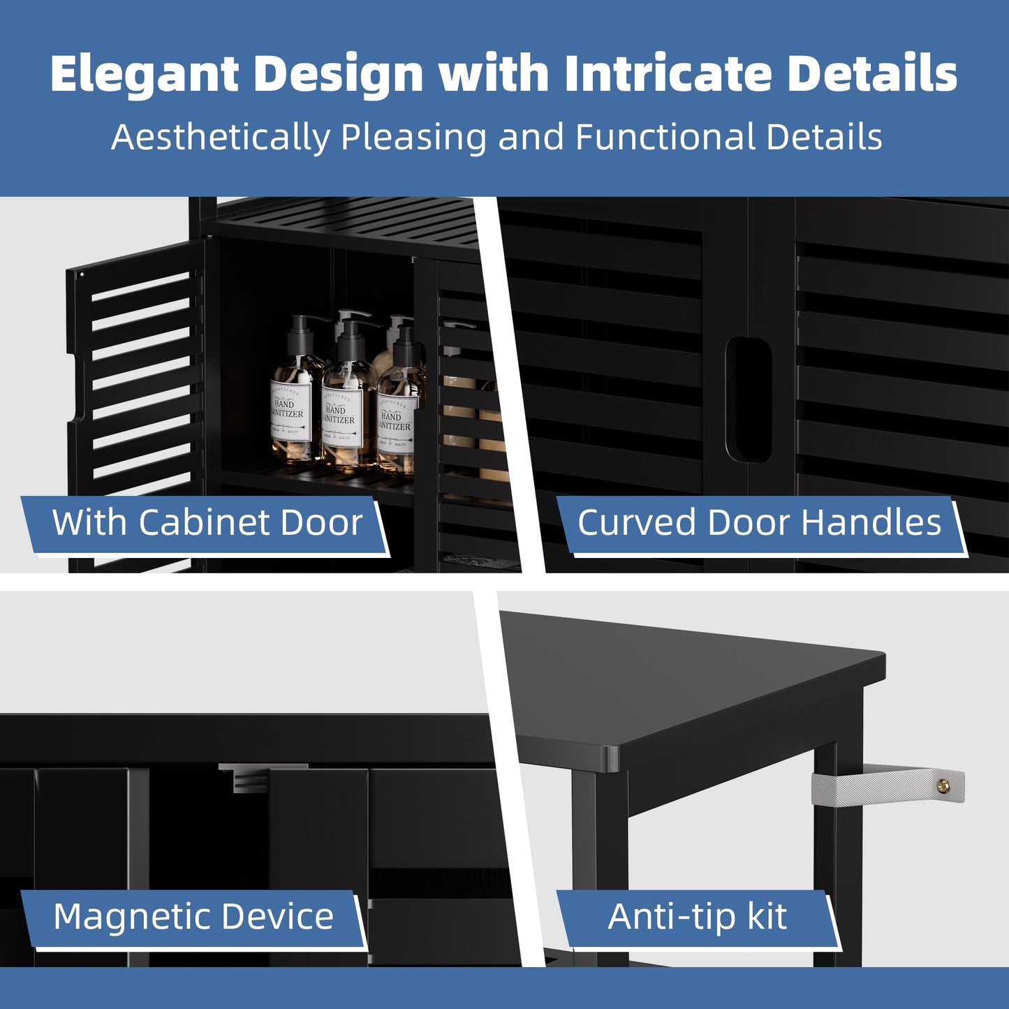 HITNET Mueble Baño de Bambú Madera, Organizador de Almacenamiento Lateral Independiente, Armario de Cocina Pequeño con 2 Puertas y Estante Abierto, Negro
