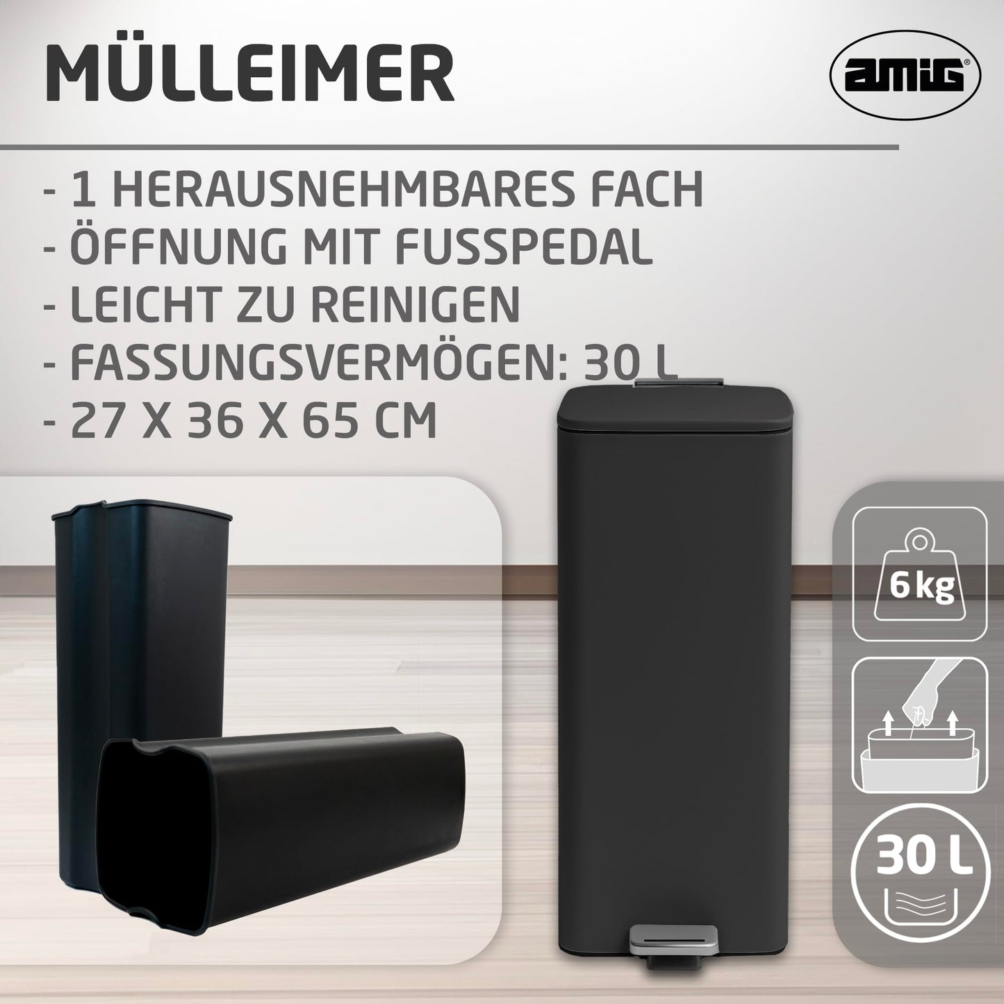 Amig - Cubo de Basura con Pedal 30 Litros Mod. Artvin - Color Negro - Apertura higiénica sin manos - 27 x 36 x 65 cm - Acero inoxidable lacado - Papelera para cocina con Tapa Hermética
