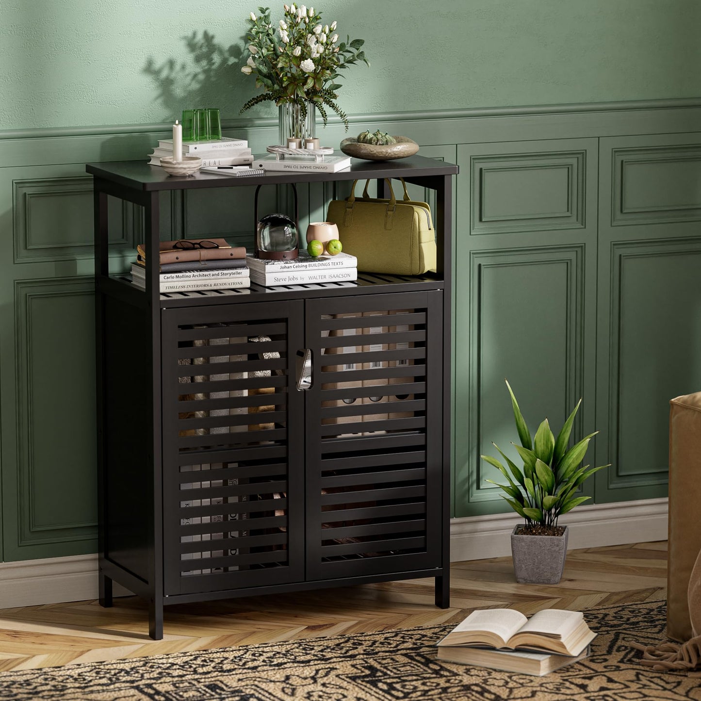 HITNET Mueble Baño de Bambú Madera, Organizador de Almacenamiento Lateral Independiente, Armario de Cocina Pequeño con 2 Puertas y Estante Abierto, Negro