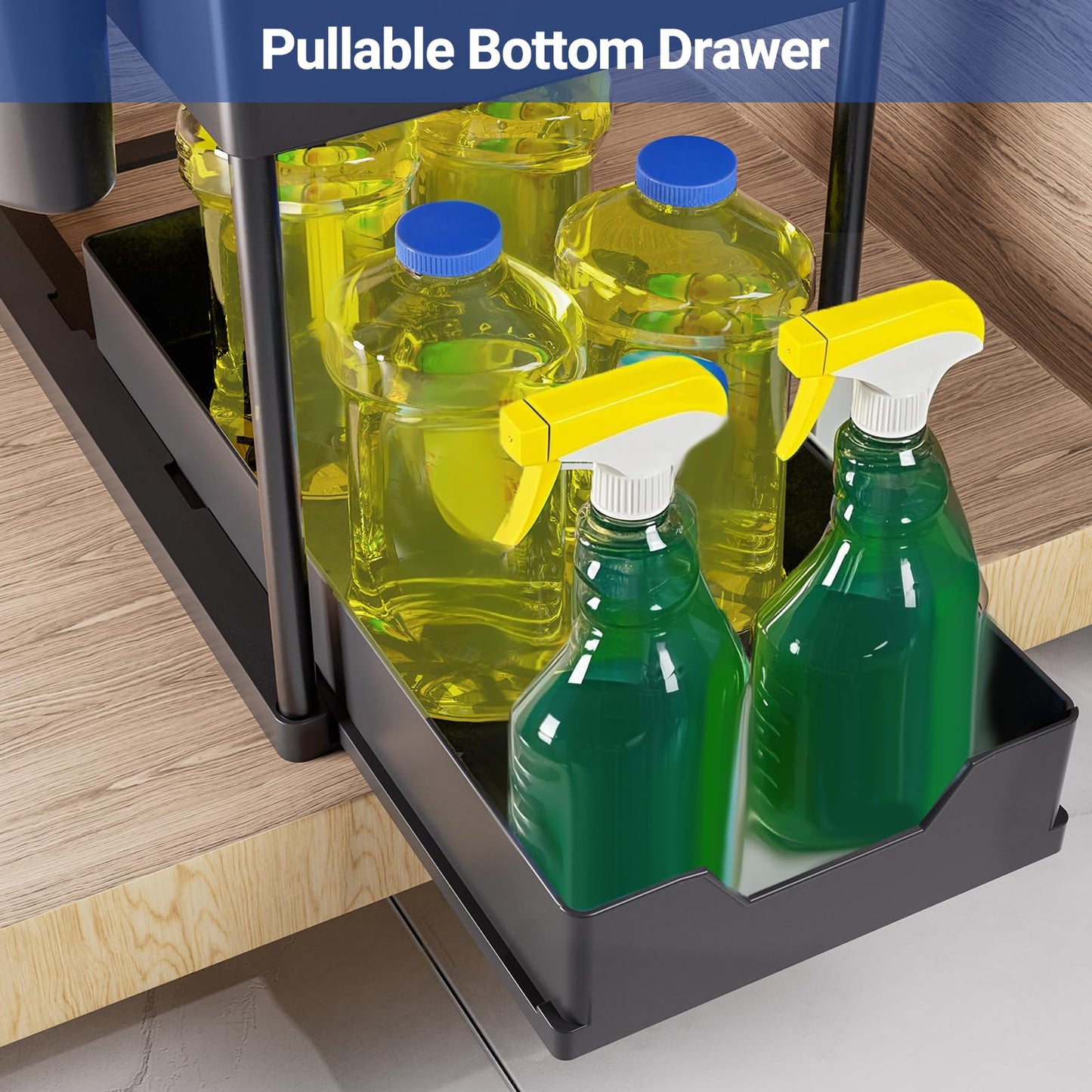 Puricon Estantería Bajo Fregadero con Cajón Deslizante y Ganchos, Organizador para Cocina y Lavabo, Negro