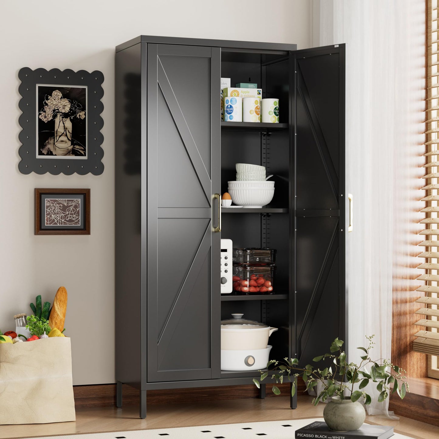 SUPEER Armario Metálico Multiusos con 3 Estantes Regulables, Armario Cocina, Almacenaje, Aparador para Salón, Recibidor 155 x 70 x 35 cm (Negro)