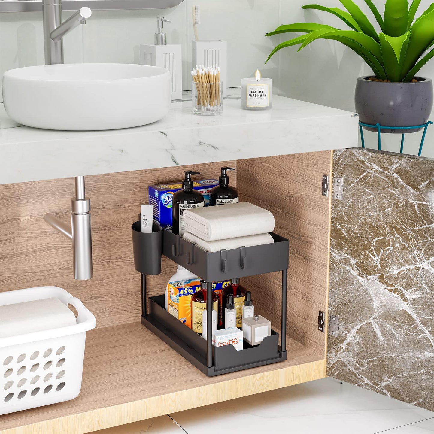 Puricon Estantería Bajo Fregadero con Cajón Deslizante y Ganchos, Organizador para Cocina y Lavabo, Negro