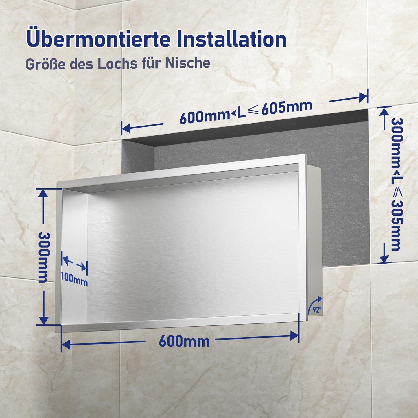 Bernkot Nicho de ducha de acero inoxidable 60 x 30 x 10 cm nicho de pared organizador para baño no necesita azulejos sobre la instalación de montaña, cepillado